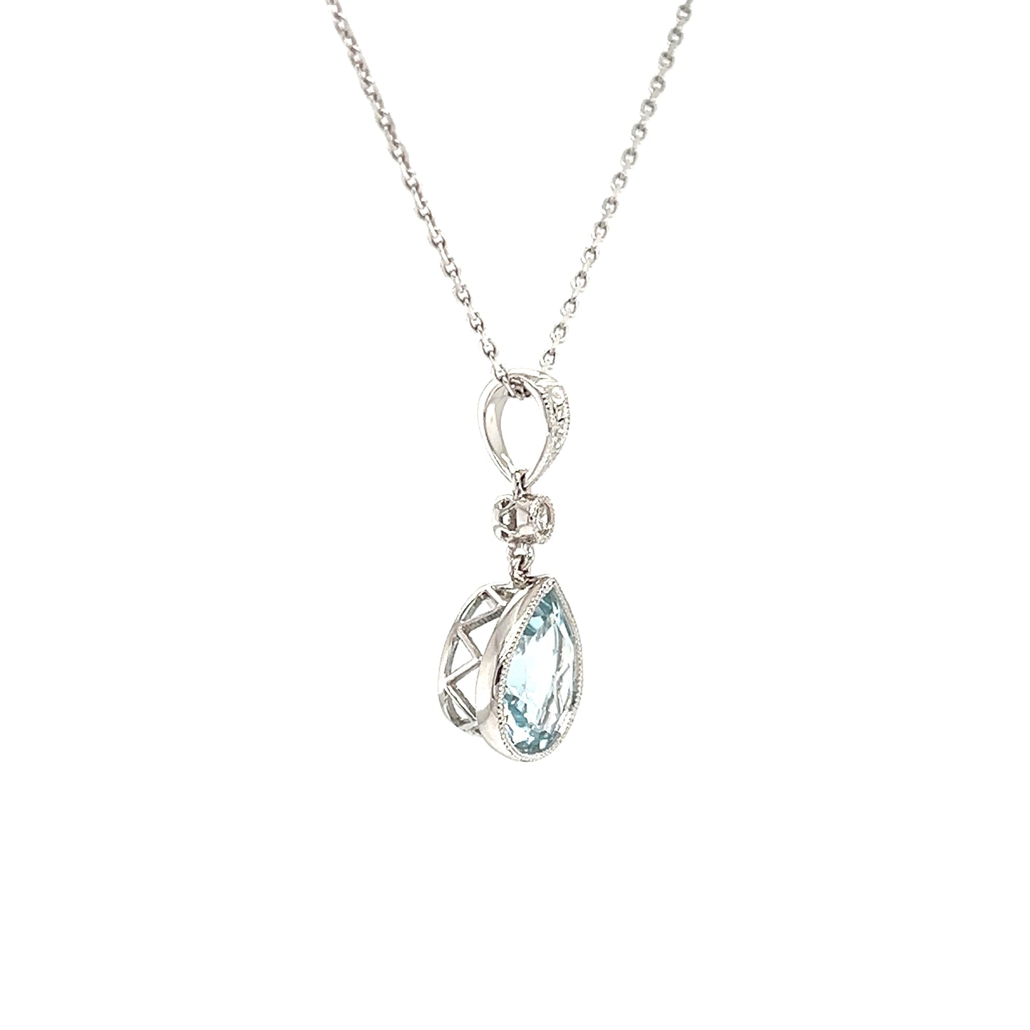 Pear Aquamarine Pendant with Filigree and Milgrain Details in 14K White Gold Left Side View