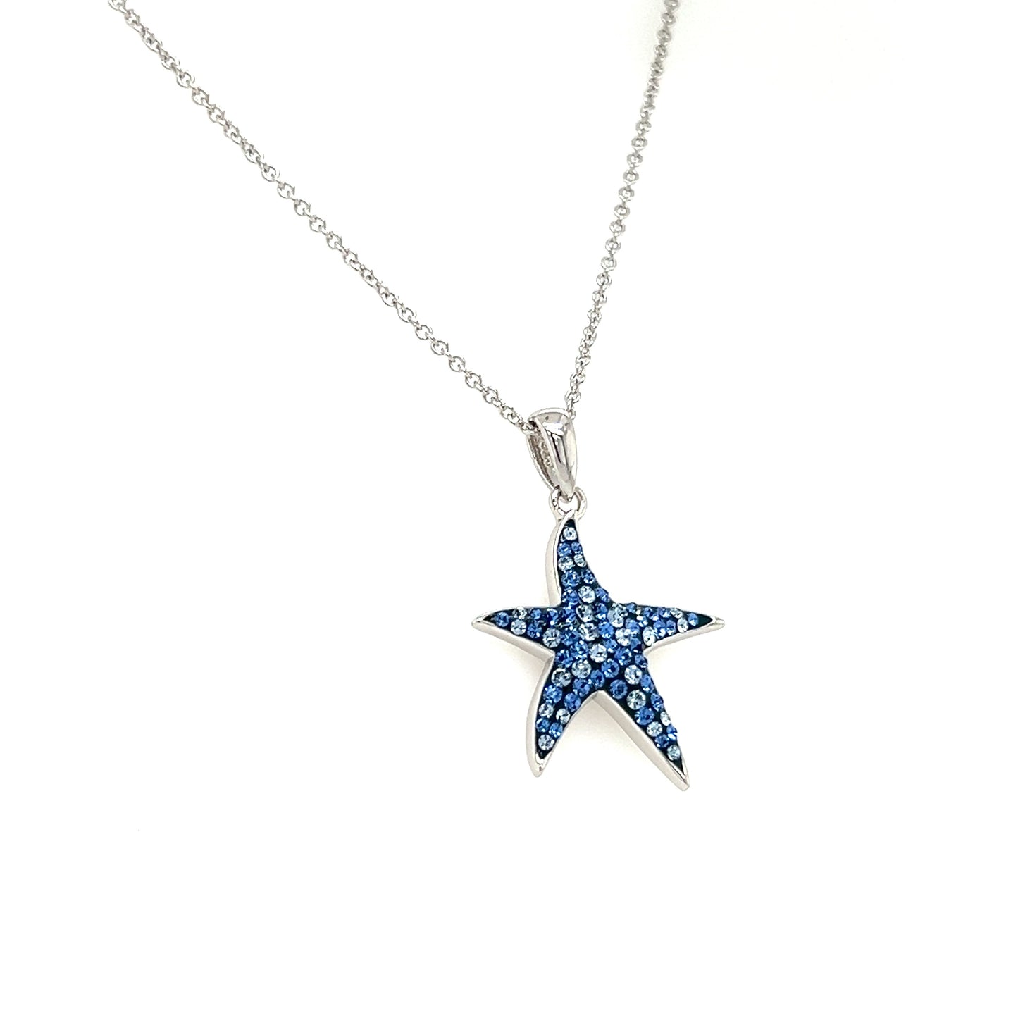 Blue Starfish Necklace with Blue and White Crystals in Sterling SilverLeft Side View