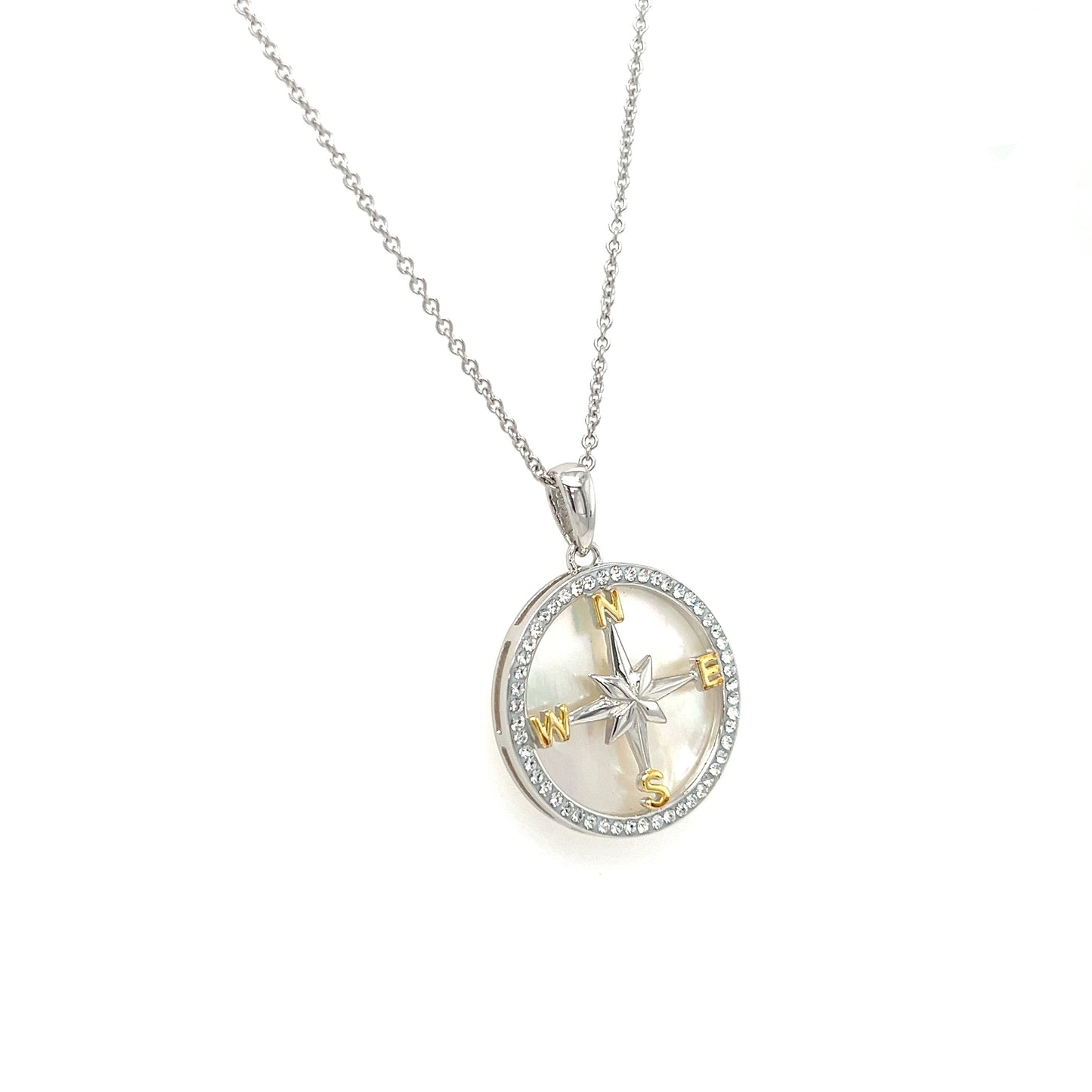 Mother of Pearl Compass Necklace with White Crystals in Sterling Silver