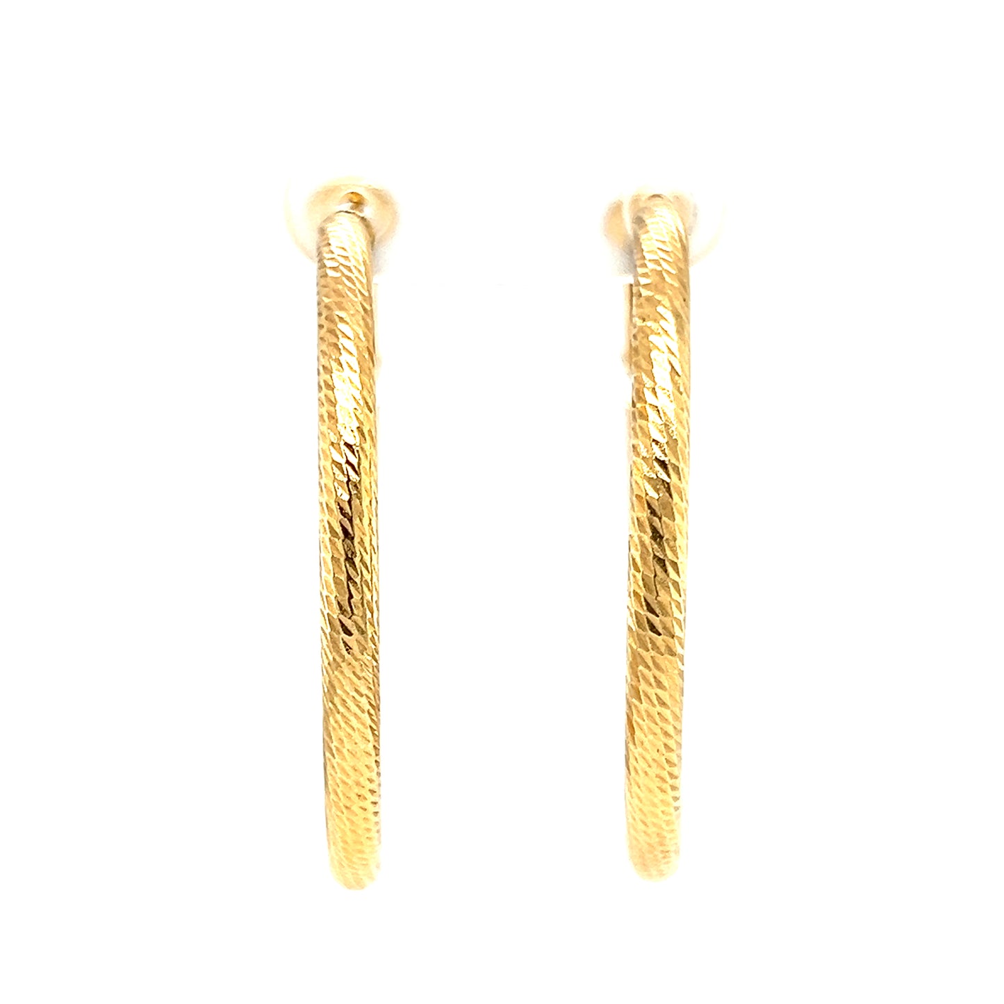 Round Hoop 30mm Earrings with Diamond-cut Finish in 10K Yellow Gold Front View