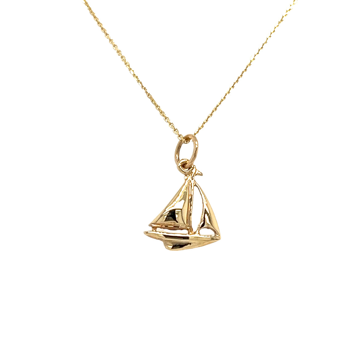 Sailboat Charm with 3D Details in 14K Yellow Gold. Charm and Chain Front View