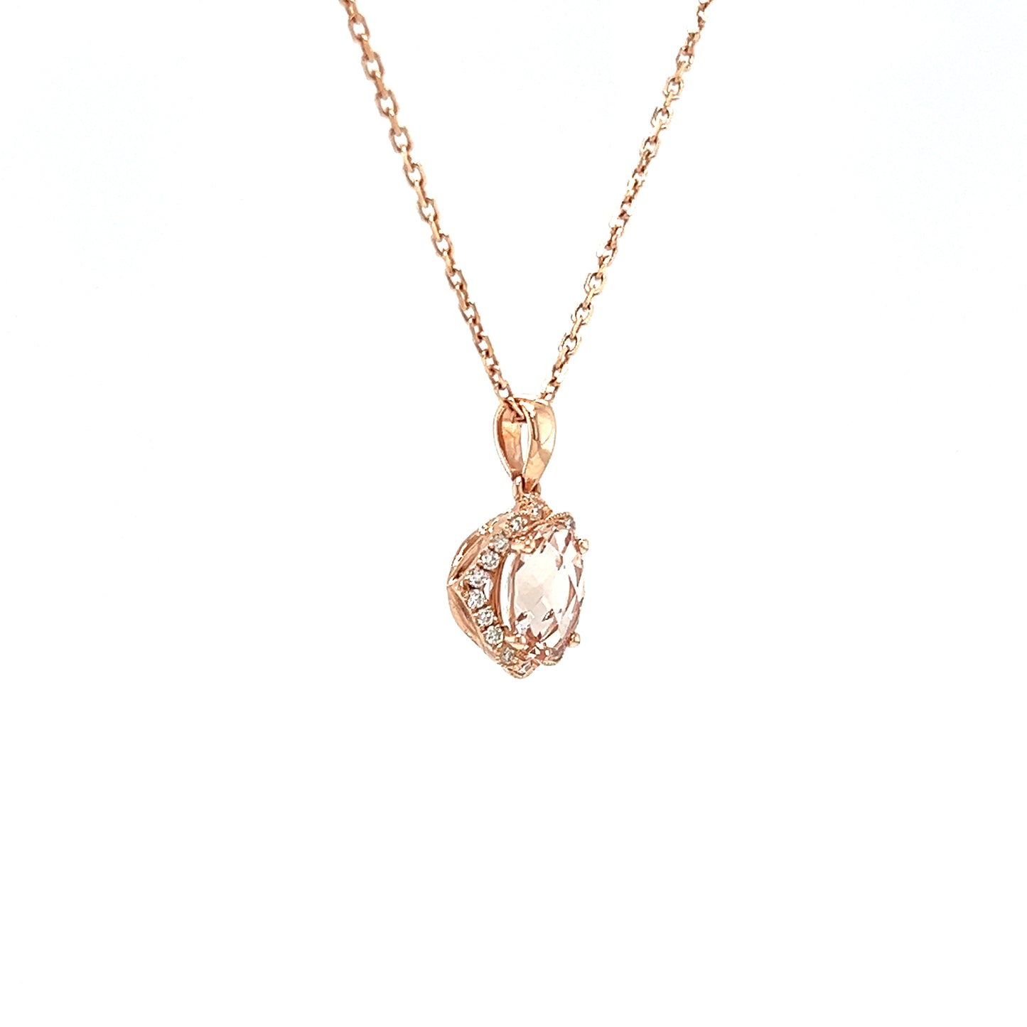 Oval Morganite Pendant with Eighteen Diamonds in 14K Rose Gold Left Side View