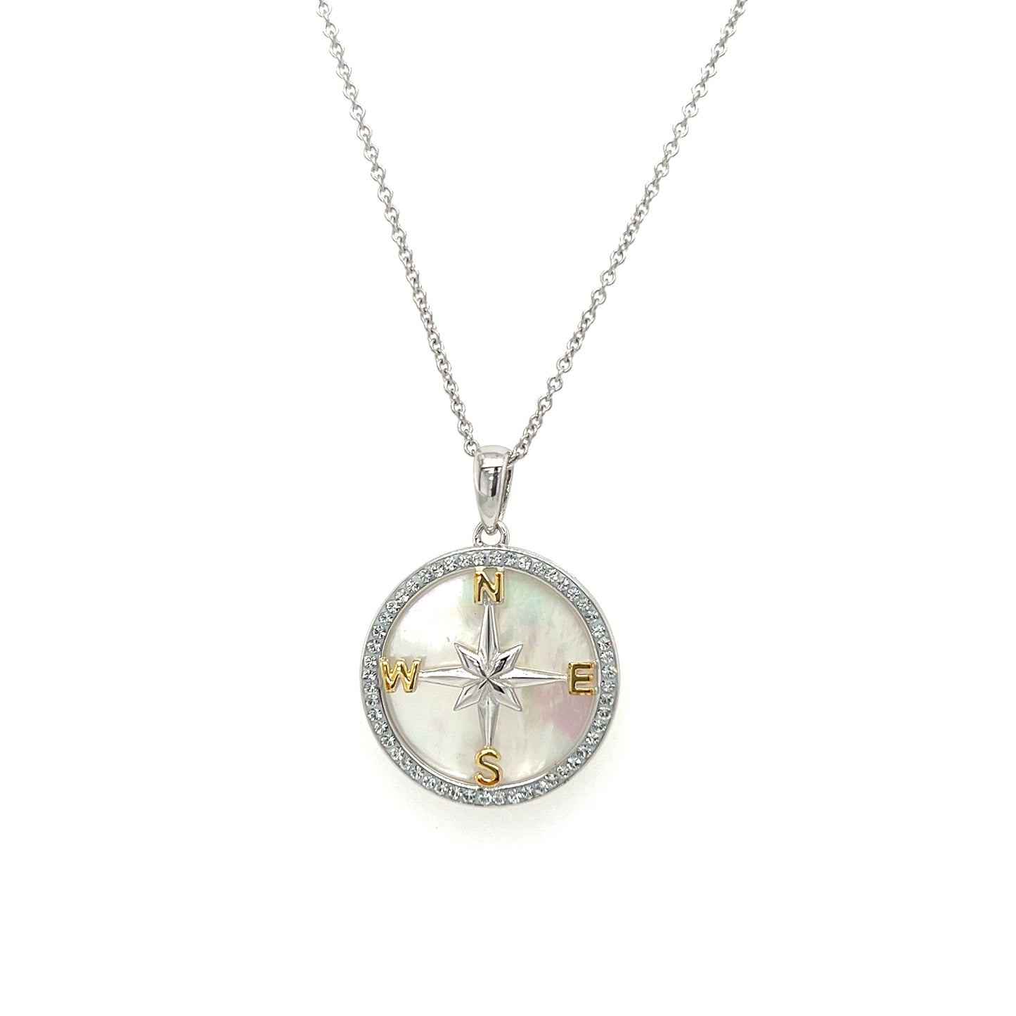 Mother of Pearl Compass Necklace with White Crystals in Sterling Silver