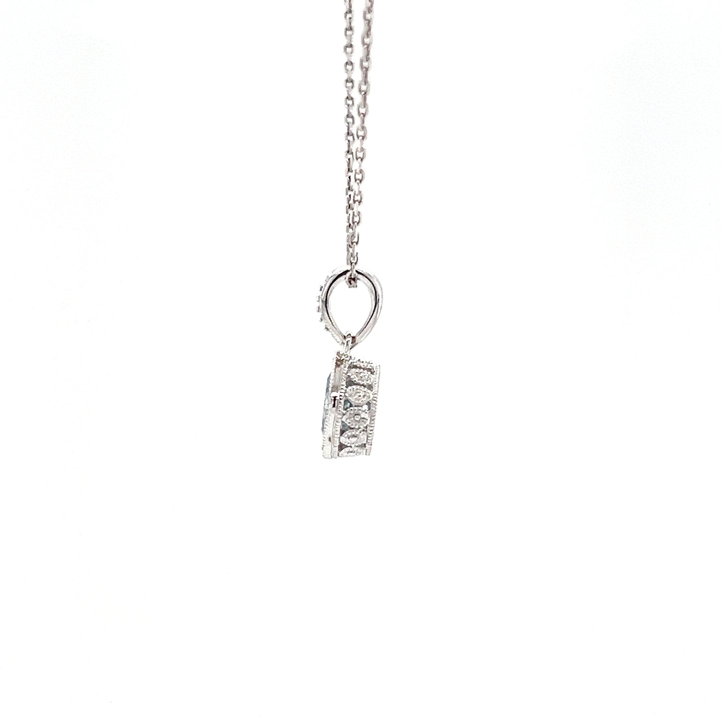 Cushion Aquamarine Pendant with Filigree and Milgrain Details in 14K White Gold Right Profile View