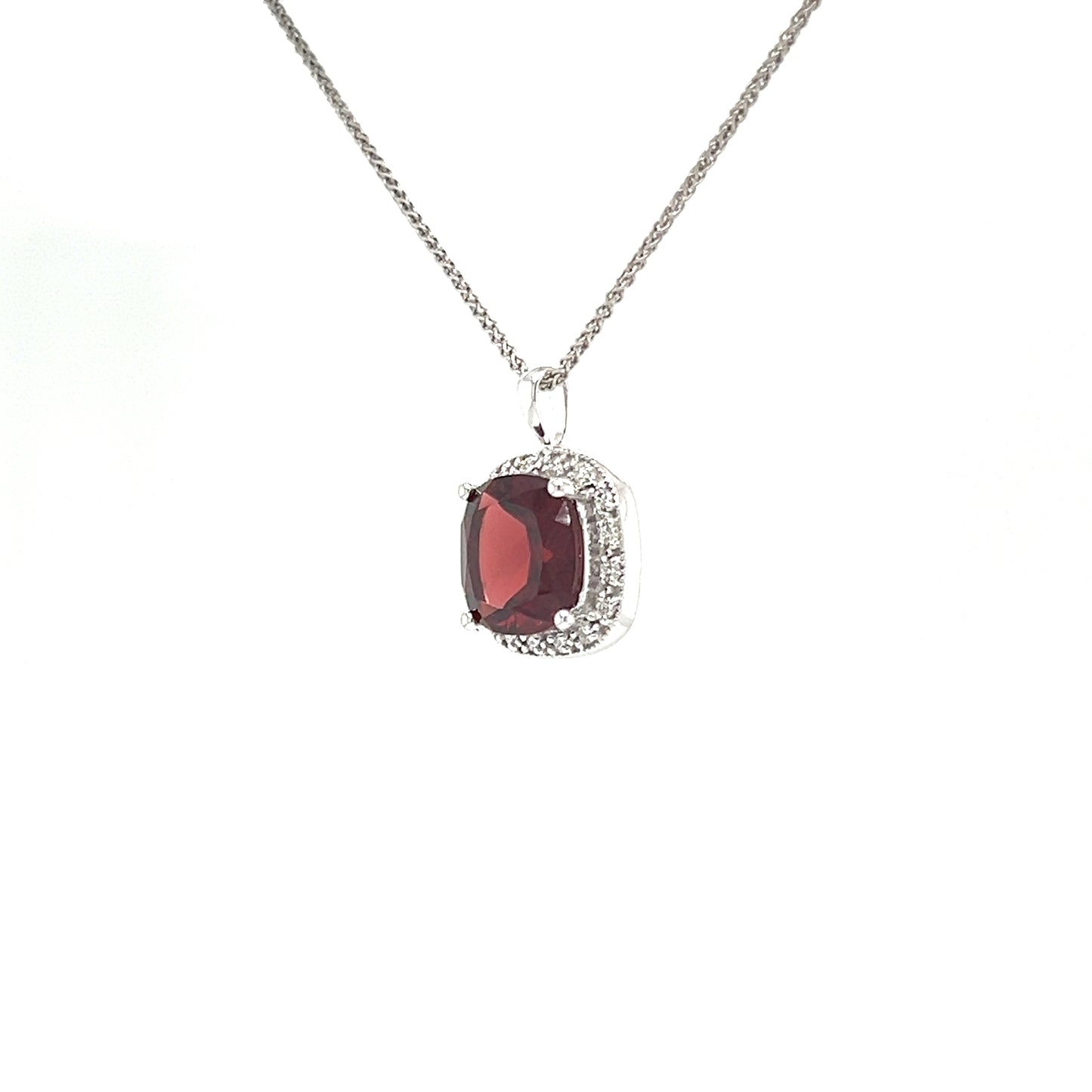 Cushion Garnet Pendant with  Diamond Halo in 14K White Gold Pendant and Chain Right Side View