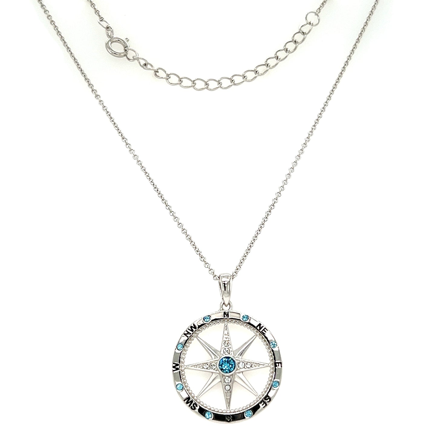 Milgrain Compass Necklace with Aquamarine and White Crystals in Sterling Silver Full Necklace View