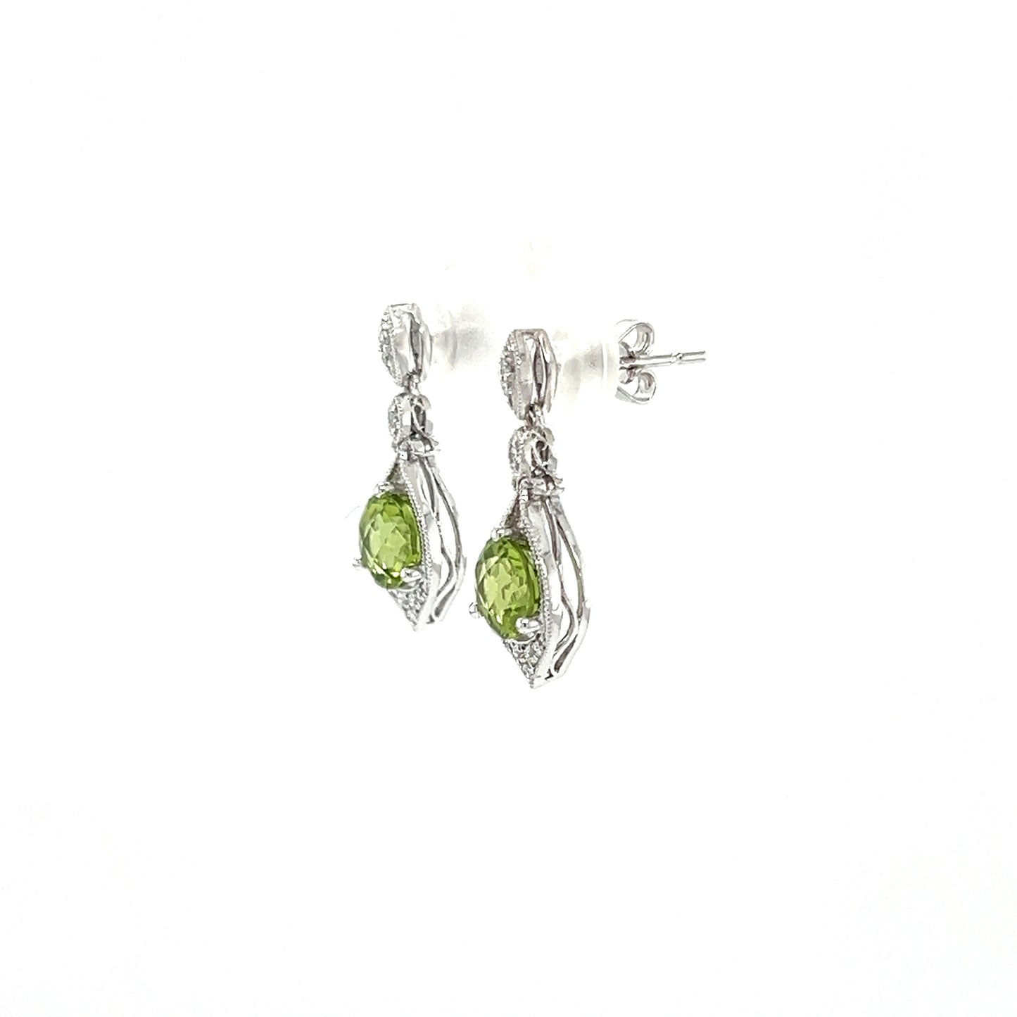 Round Peridot Drop Earrings with Twenty Diamonds in 14K White Gold