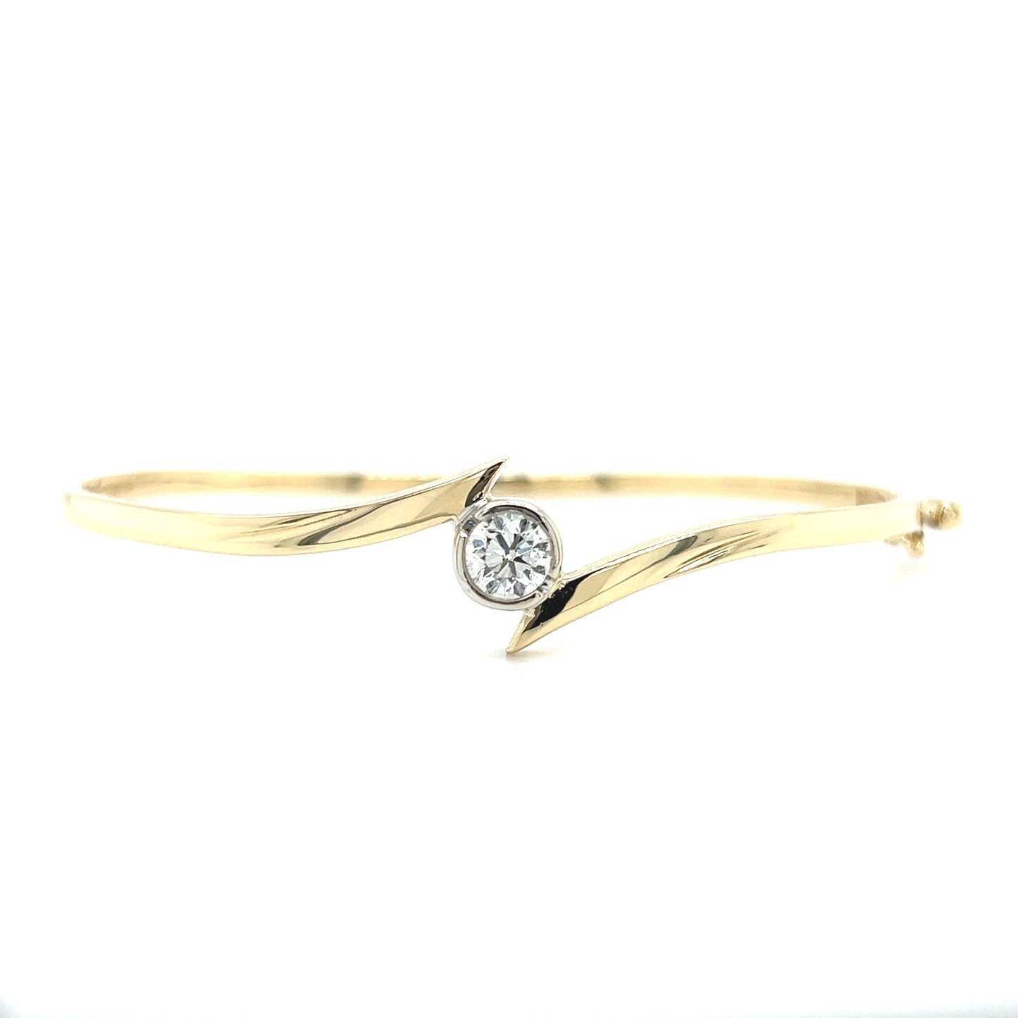 Solid Bypass Bangle Bracelet with 0.5ct of Diamonds in 14K Yellow and White Gold Front View