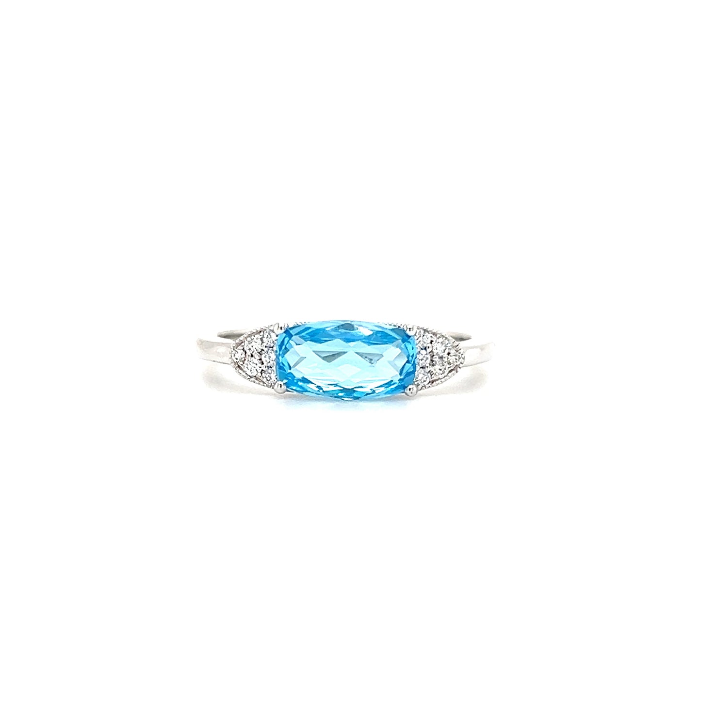 Elongated Blue Topaz Ring with Side Diamonds in 14K White Gold Front View Edit alt text