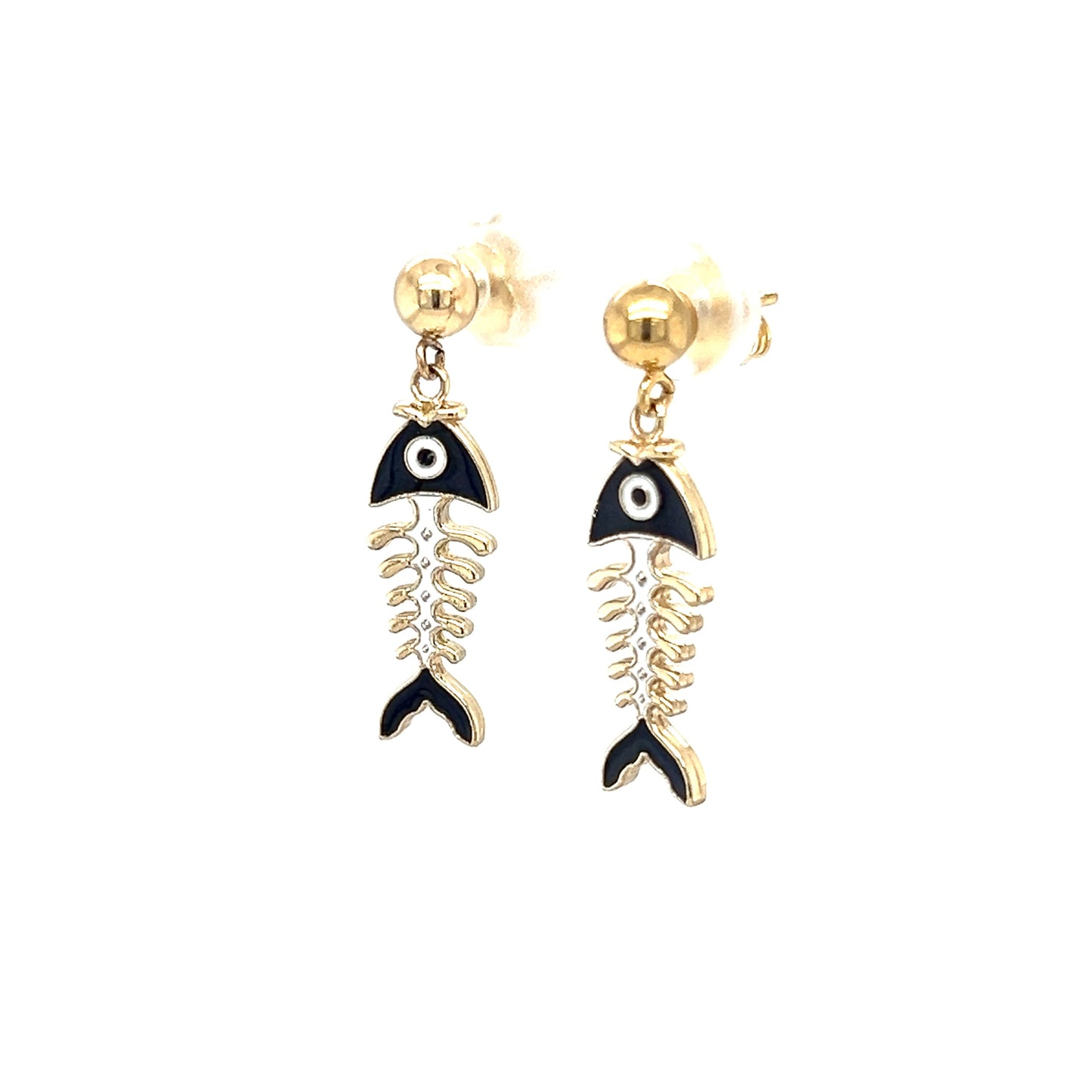 Fish Skeleton Dangle Earrings with Blue Enamel in 14K Yellow Gold Right Side View