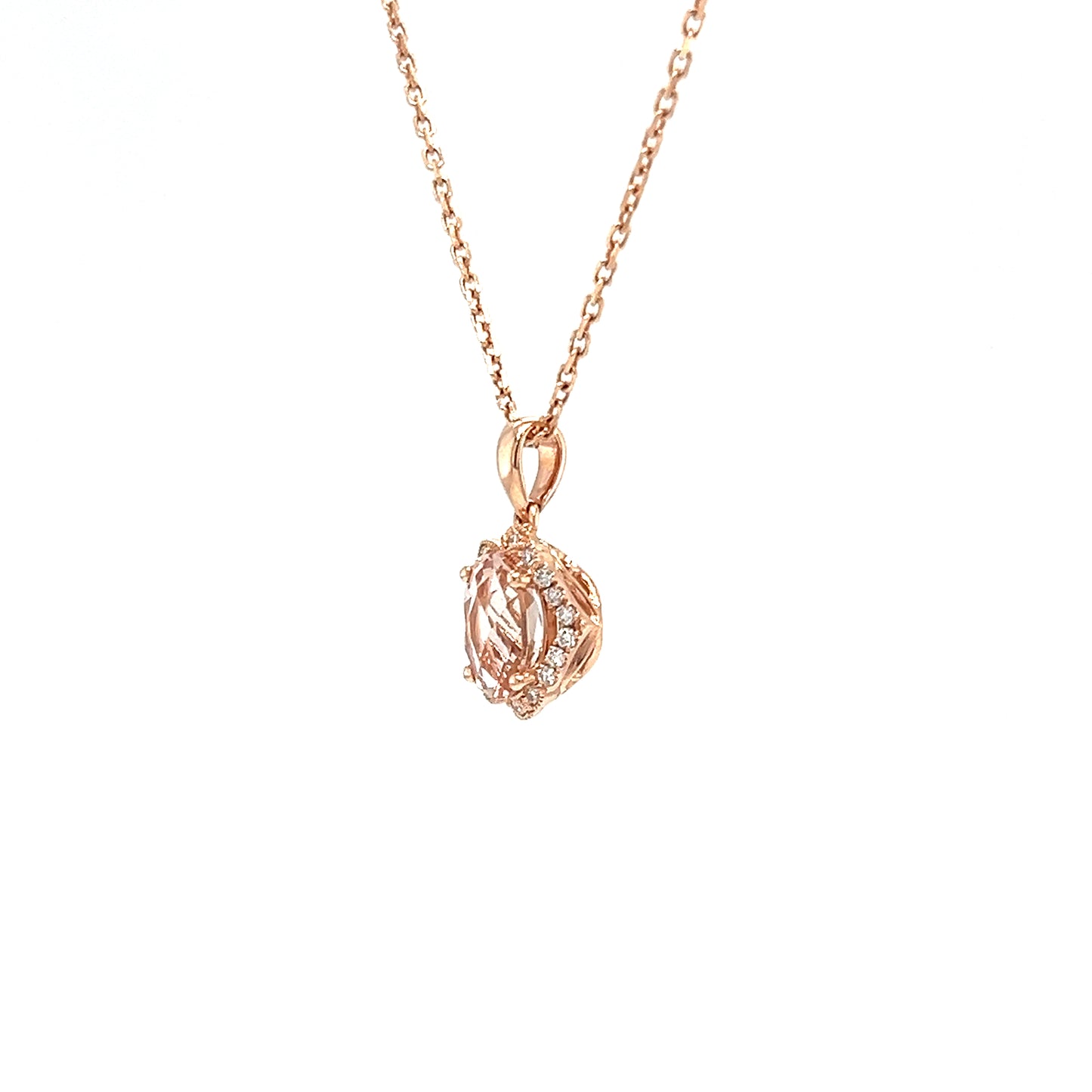 Oval Morganite Pendant with Eighteen Diamonds in 14K Rose Gold Right Side View