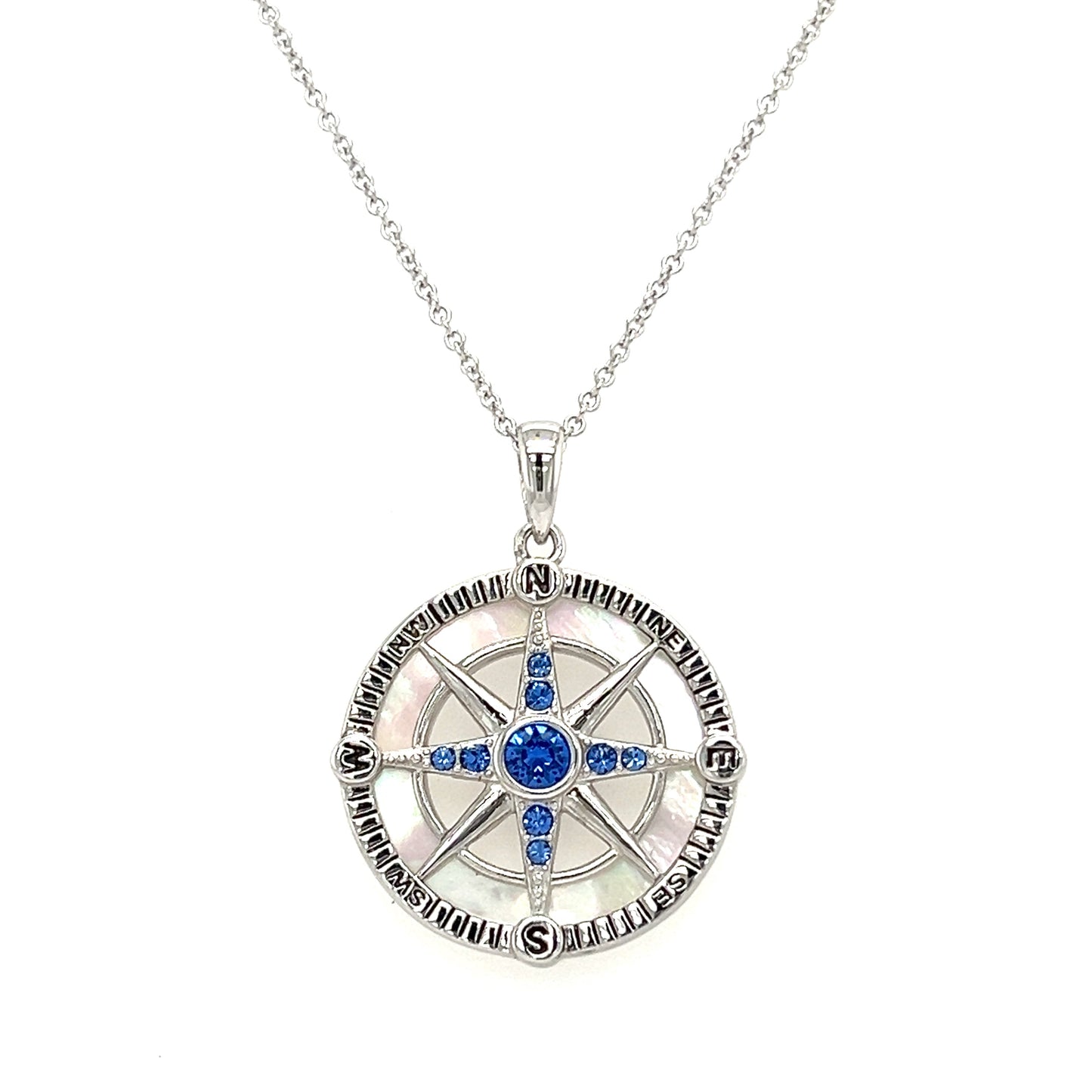 Compass Necklace with Mother of Pearl and Blue Crystals in Sterling Silver Front View