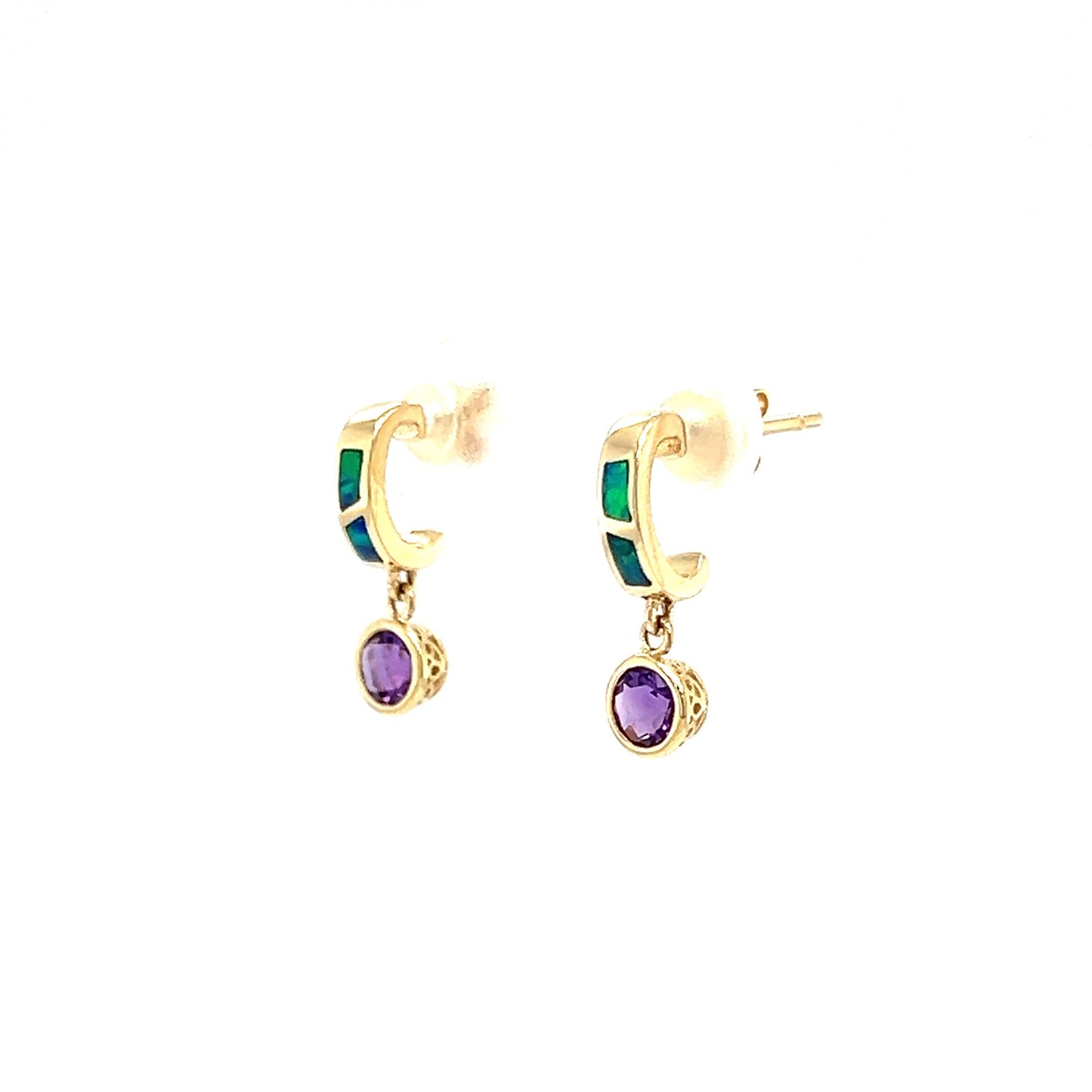 Black Opal C-Hoop Earrings with 0.5ctw of Amethyst in 14K Yellow Gold Left Side View