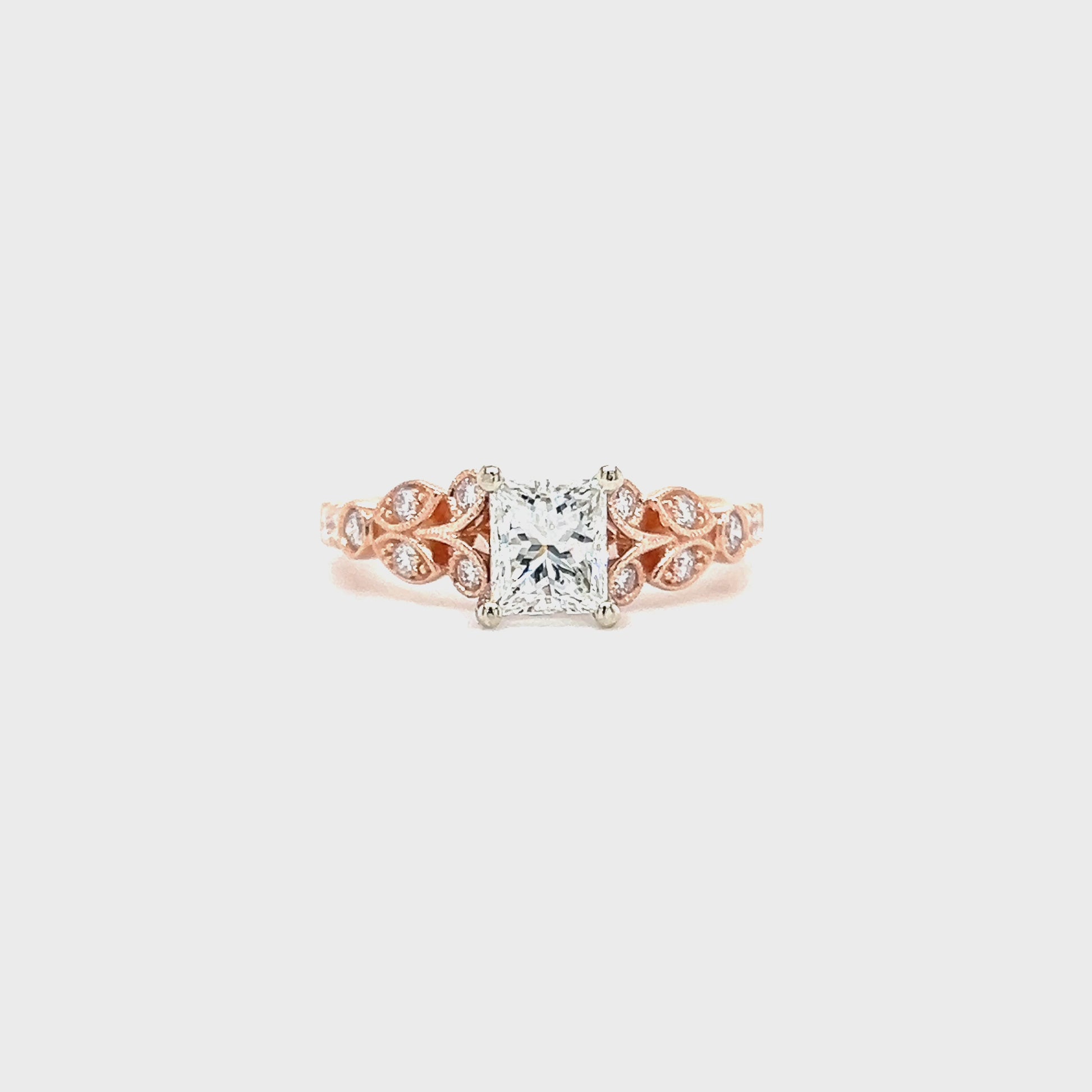 Floral 0.92ct Diamond Ring with 0.26ctw of Side Diamonds in 14K White and Rose Gold. Video