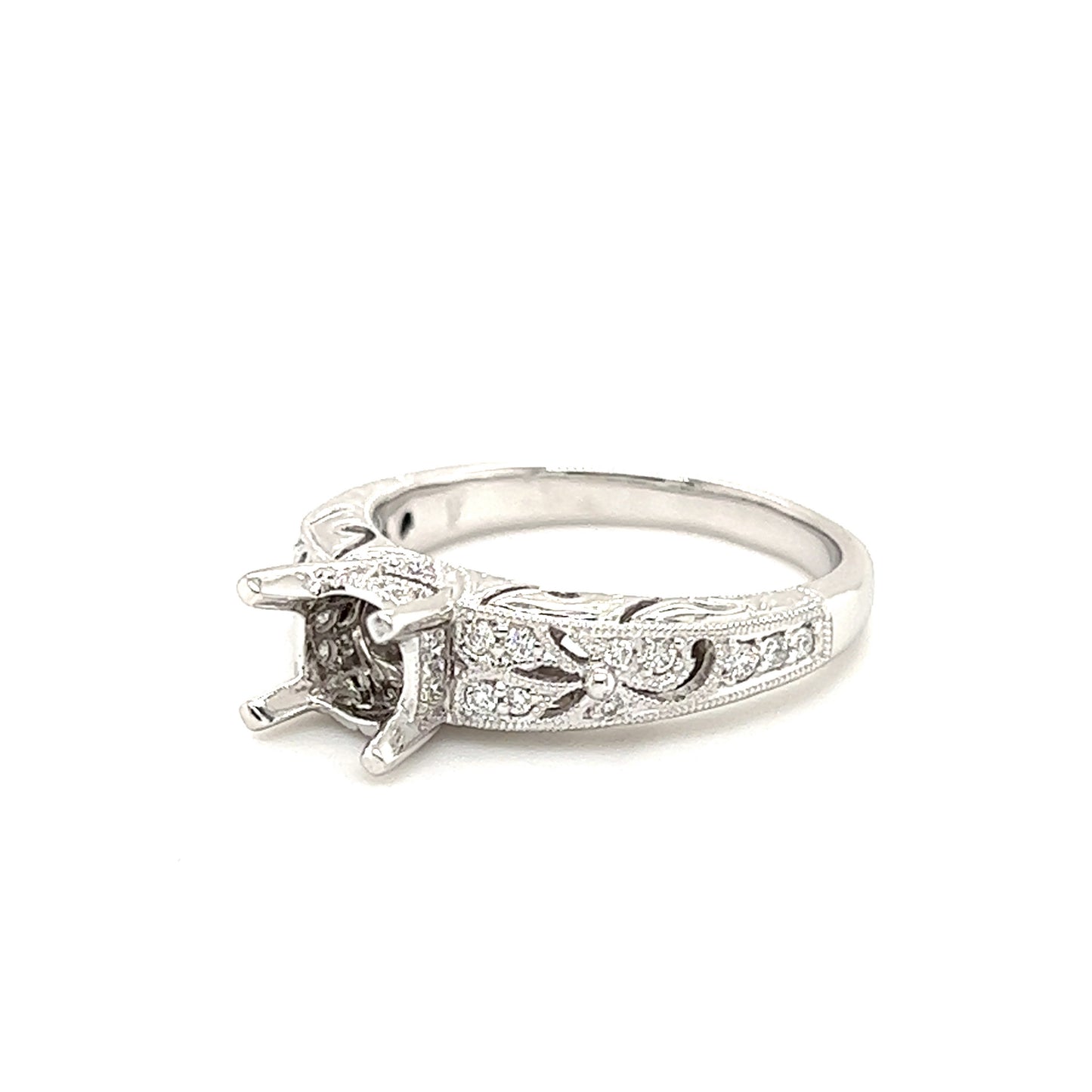 Filigree Engraved Diamond Ring Setting with Twenty-Eight in 14K White Gold Right Side View