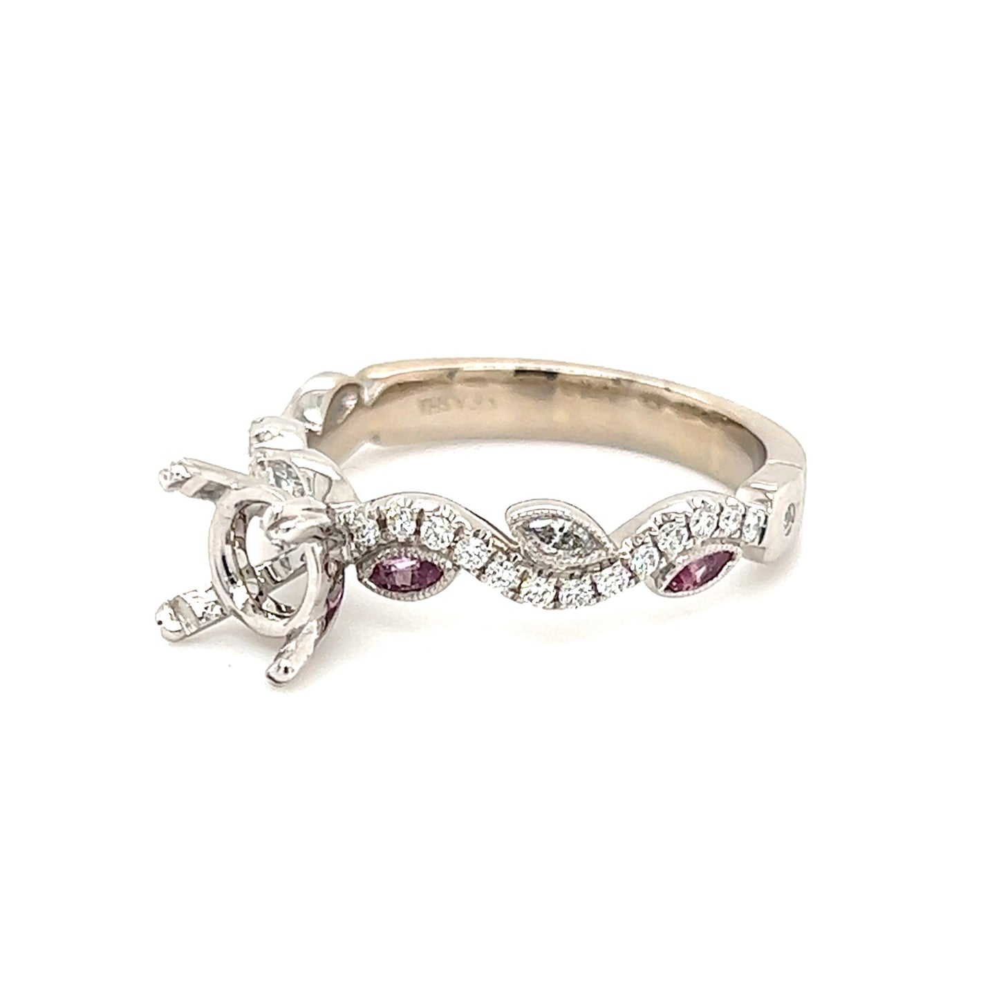 Vine Motif Ring Setting with Pink Sapphires and Diamond Accents in 14K White Gold Right Side View