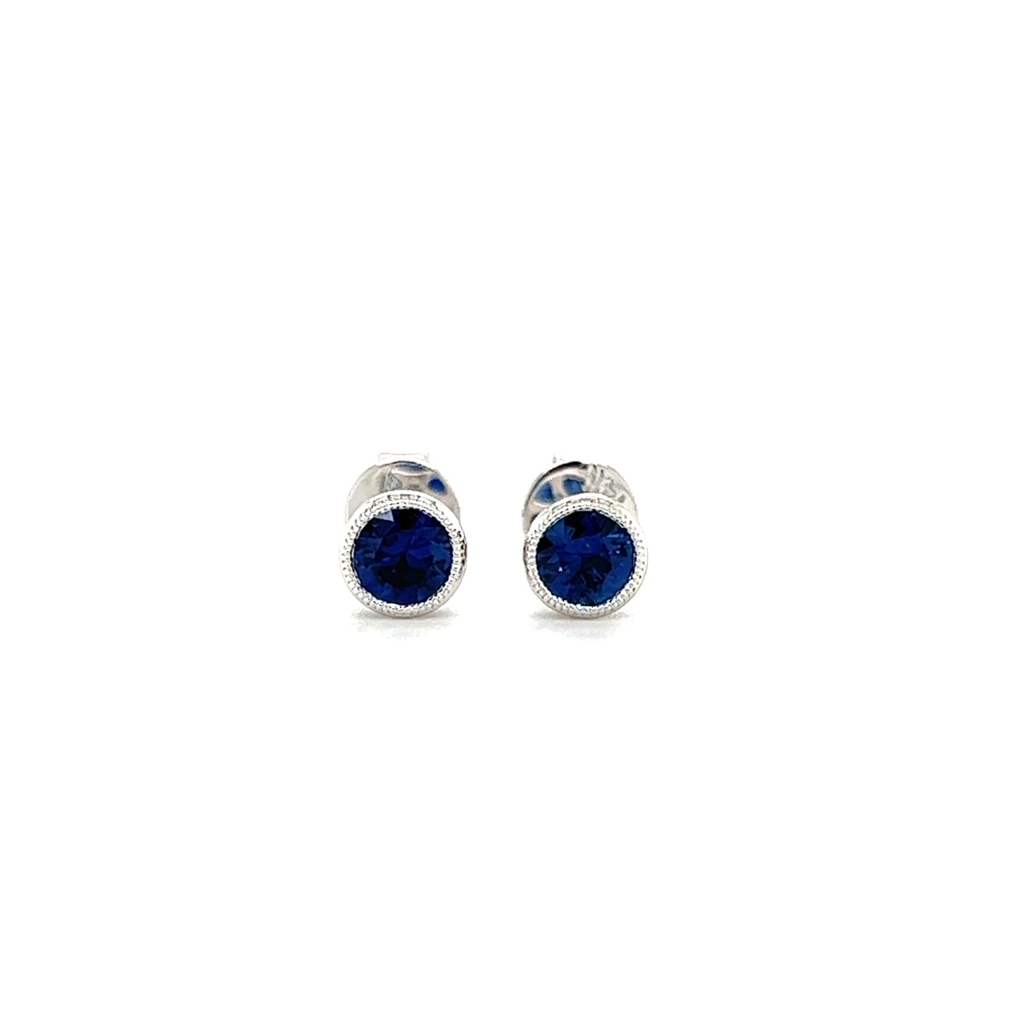 Round Sapphire Stud Earrings with Filigree and Milgrain in 14K White Gold Front View