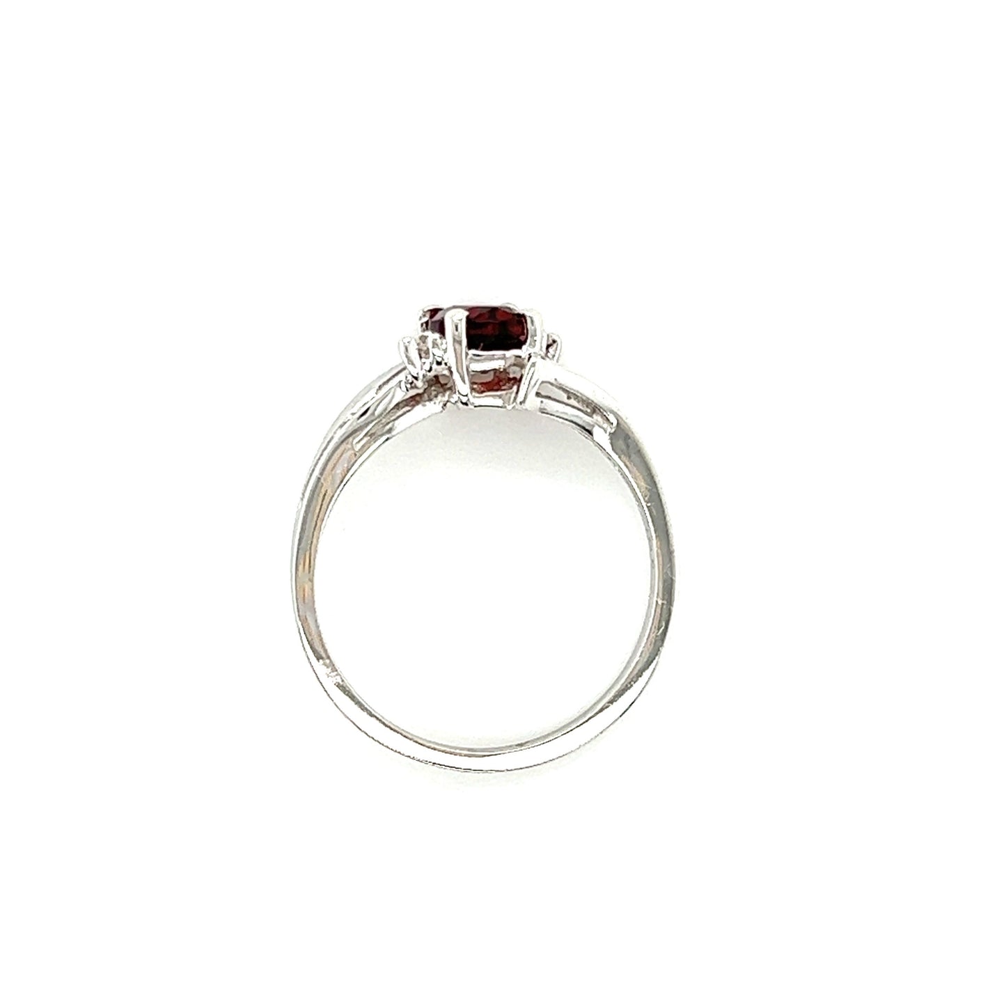 Bypass Oval Garnet Ring with Two Side Diamonds in 14K White Gold Top View