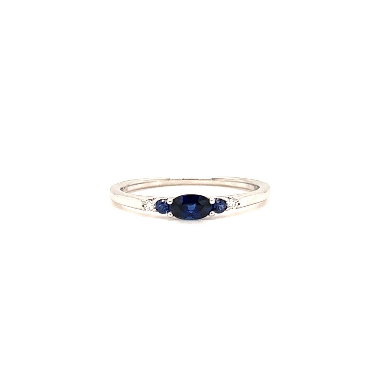 Oval Sapphire Ring with Two Side Sapphires and Diamonds in 14K White Gold. Front View