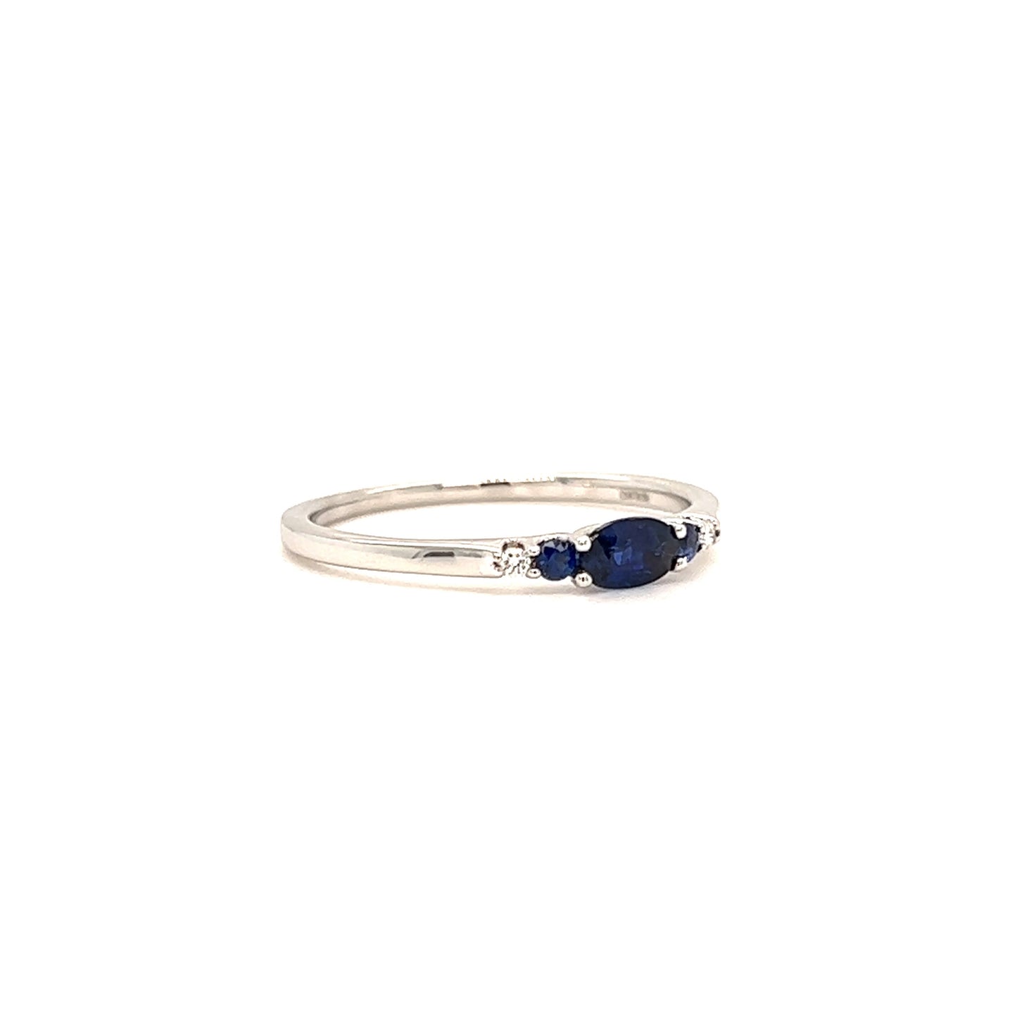 Oval Sapphire Ring with Two Side Sapphires and Diamonds in 14K White Gold. Left Side View