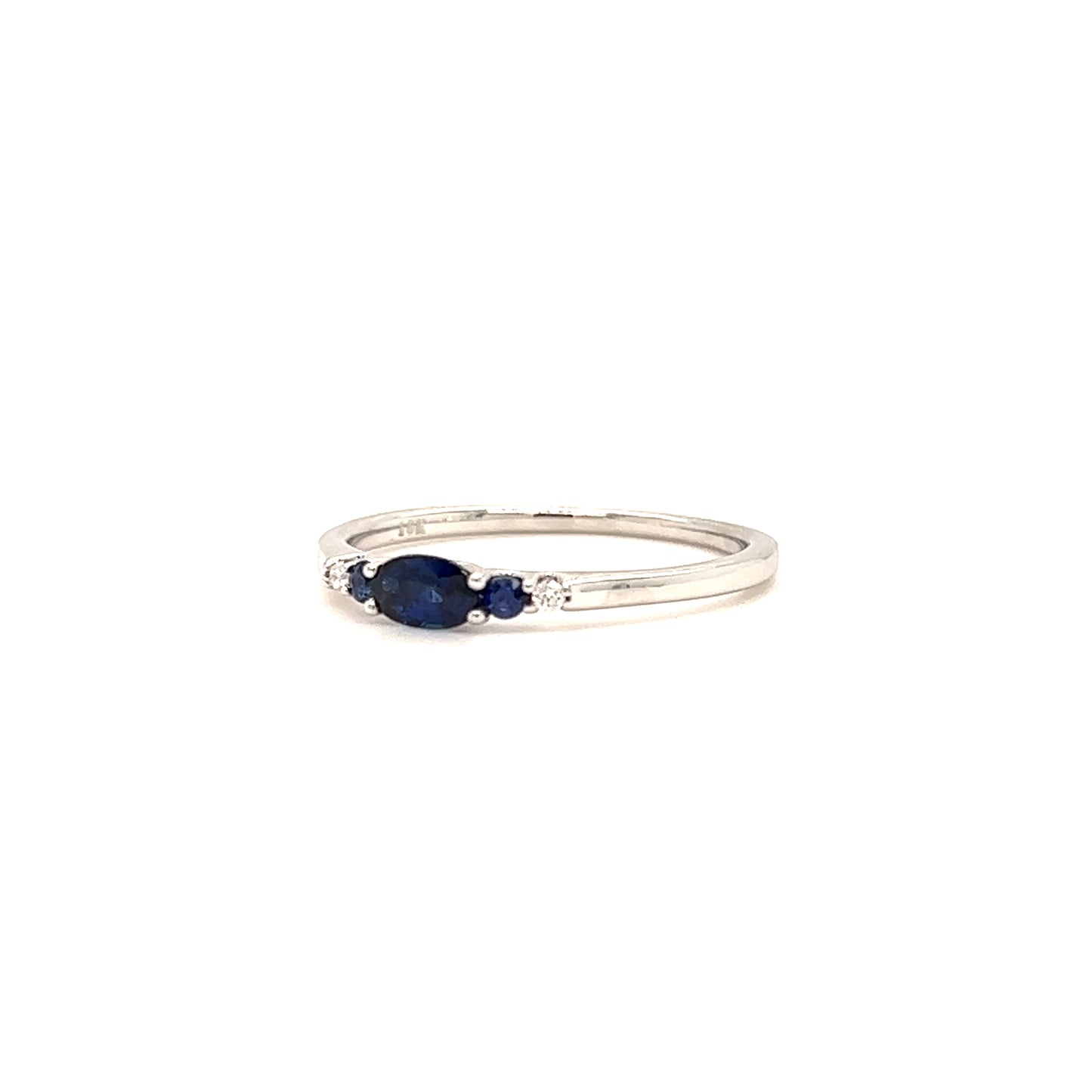 Oval Sapphire Ring with Two Side Sapphires and Diamonds in 14K White Gold. Right Side View