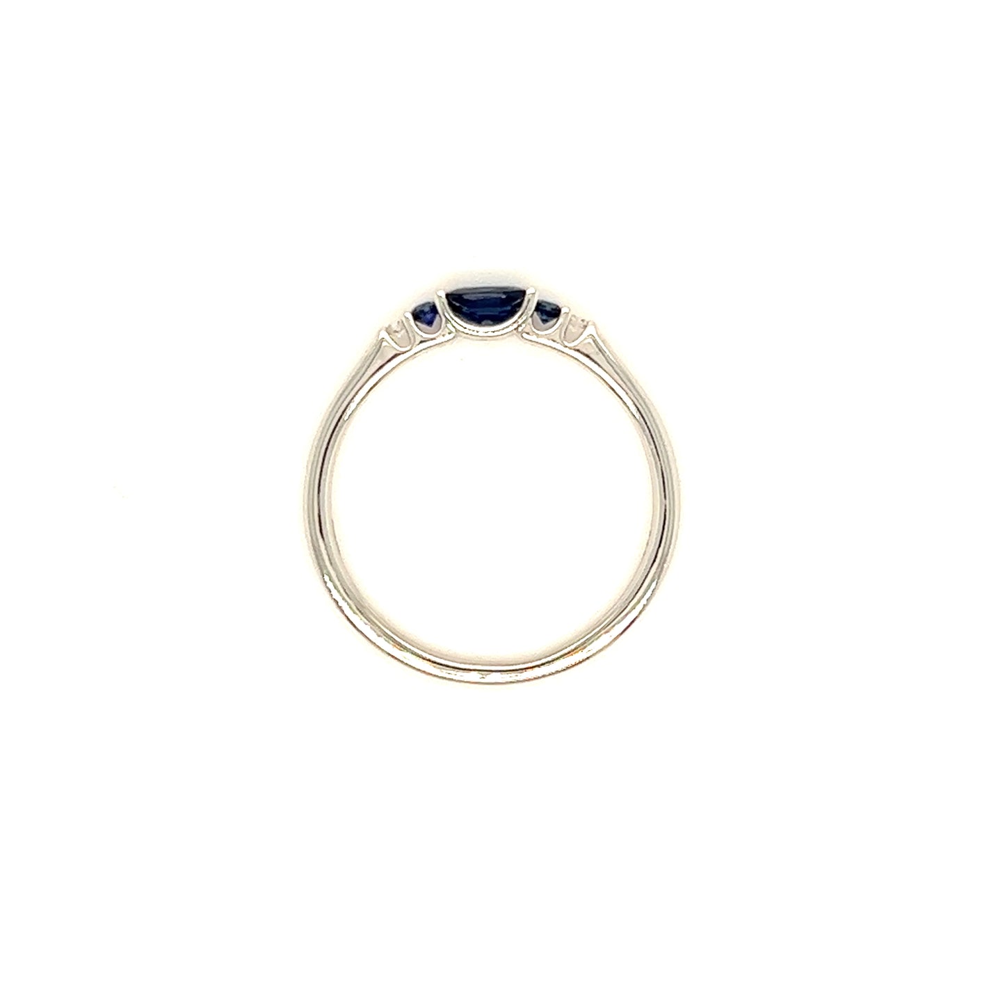 Oval Sapphire Ring with Two Side Sapphires and Diamonds in 14K White Gold. Top View