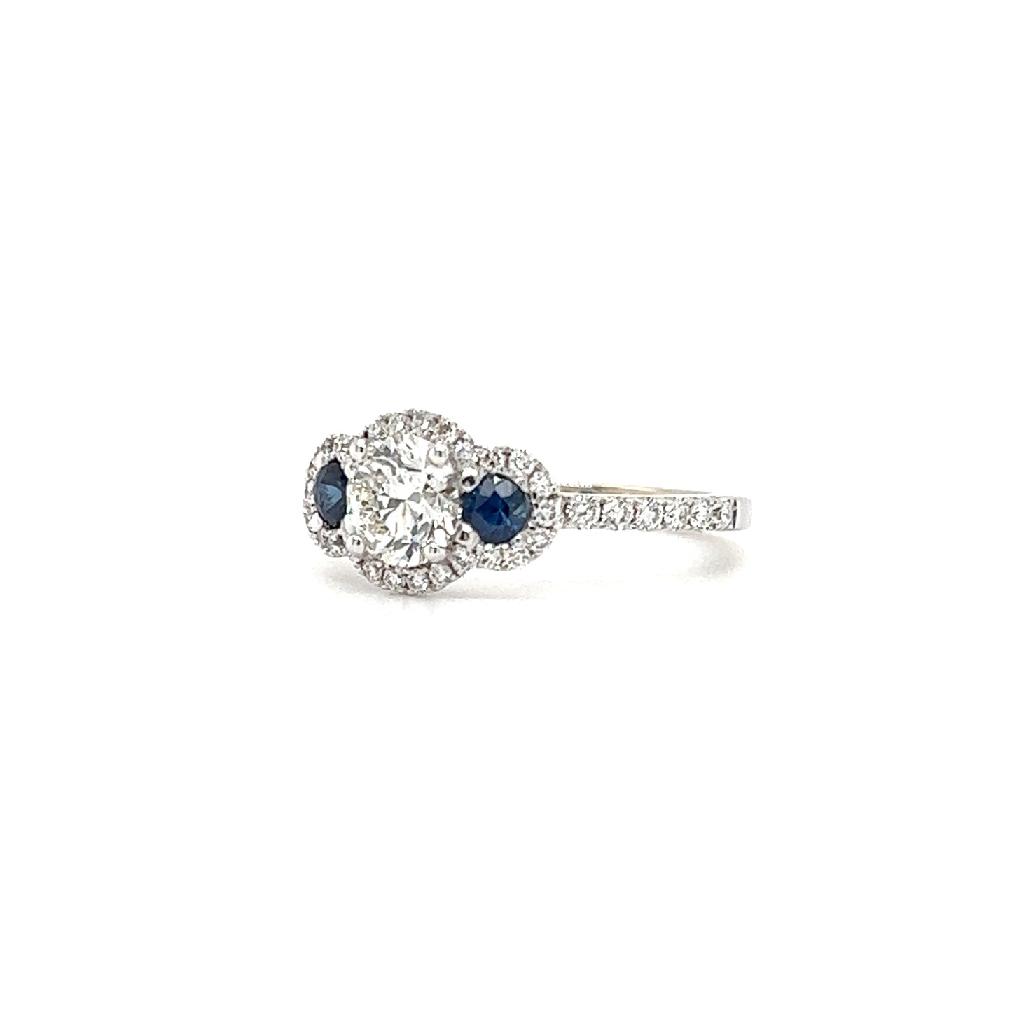 Round Diamond Ring with Two Side Sapphires and Diamond Halo in 14K White Gold Left Side View