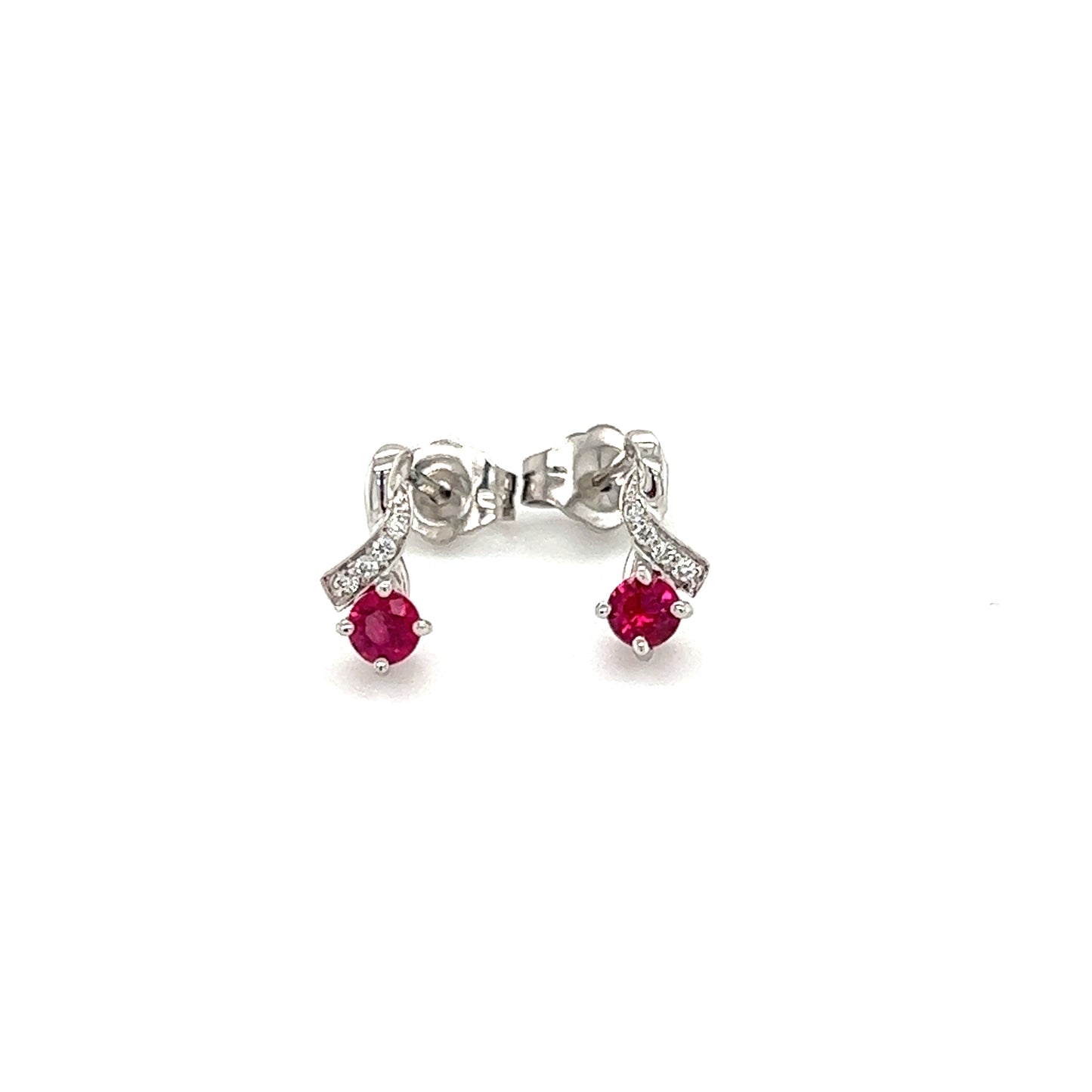 Ruby Stud Earrings with Four Round Diamonds in 14K White Gold Front View