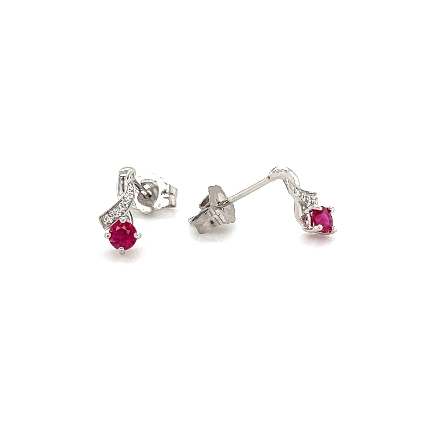 Ruby Stud Earrings with Four Round Diamonds in 14K White Gold Front and Side View