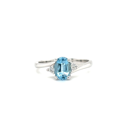 Bypass Aquamarine Ring with Two Side Diamonds in 14K White Gold Front View