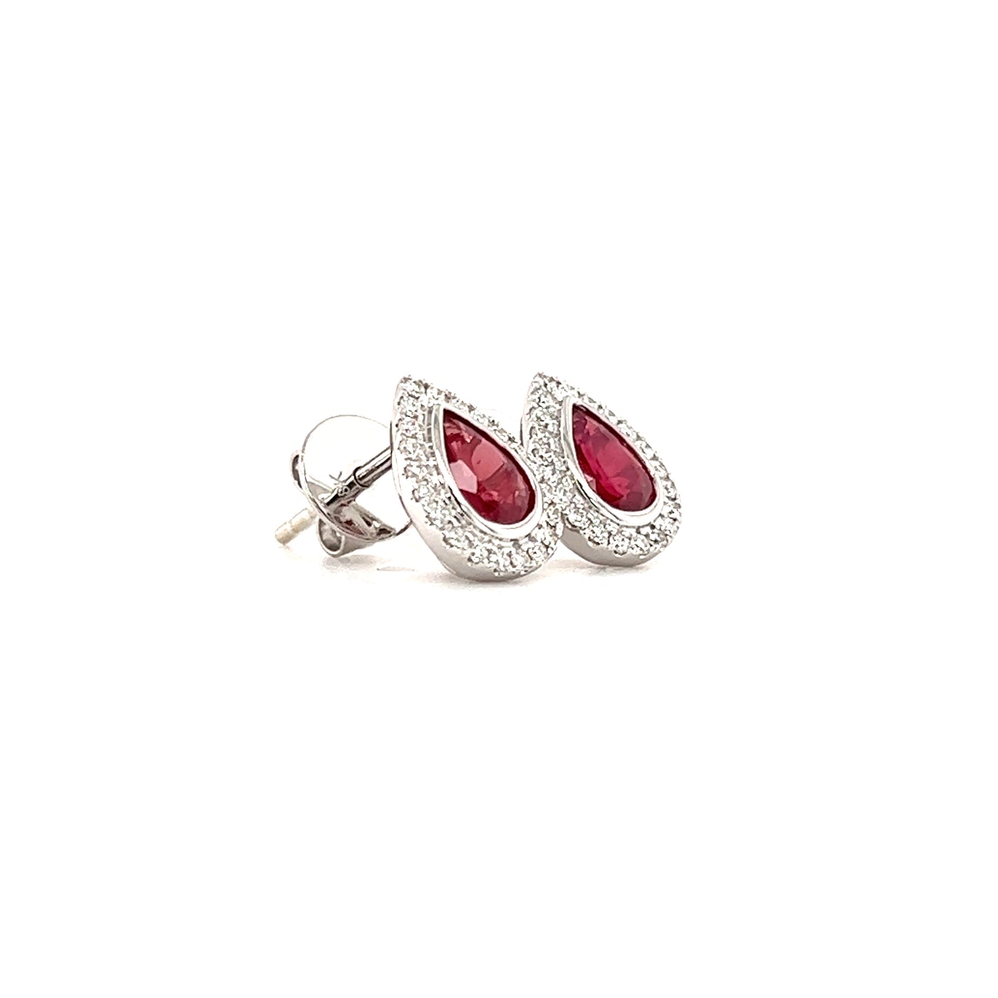 Pear Ruby Stud Earrings with Diamond Halo in 18K White Gold Left Side View