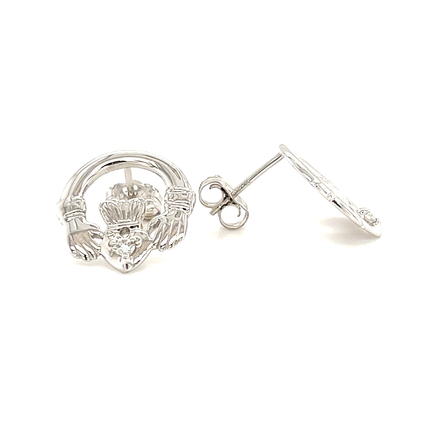 Claddagh Stud Earrings with Round Diamonds in 14K White Gold Front and Side View