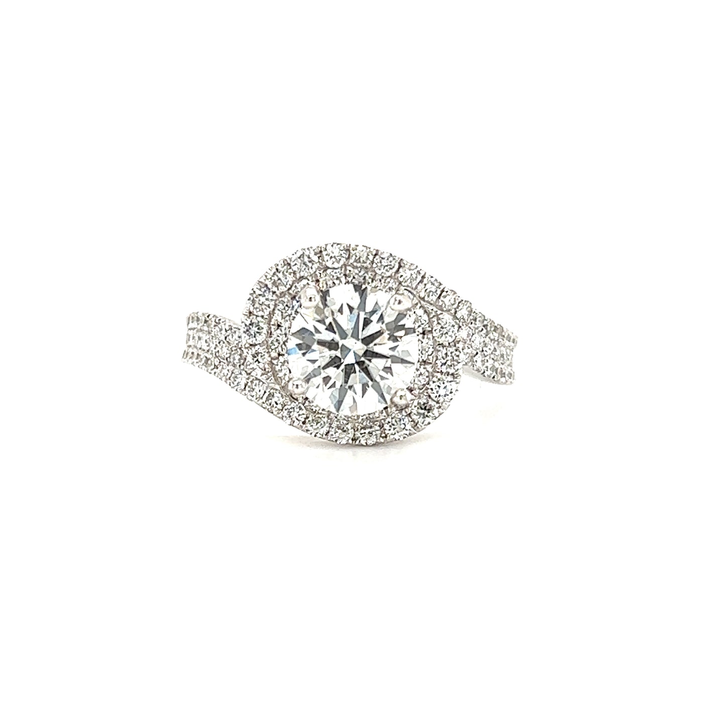 Bypass Diamond Ring with Double Diamond Halo and Side Diamonds in 18K White Gold Front View