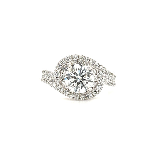 Bypass Diamond Ring with Double Diamond Halo and Side Diamonds in 18K White Gold Front View