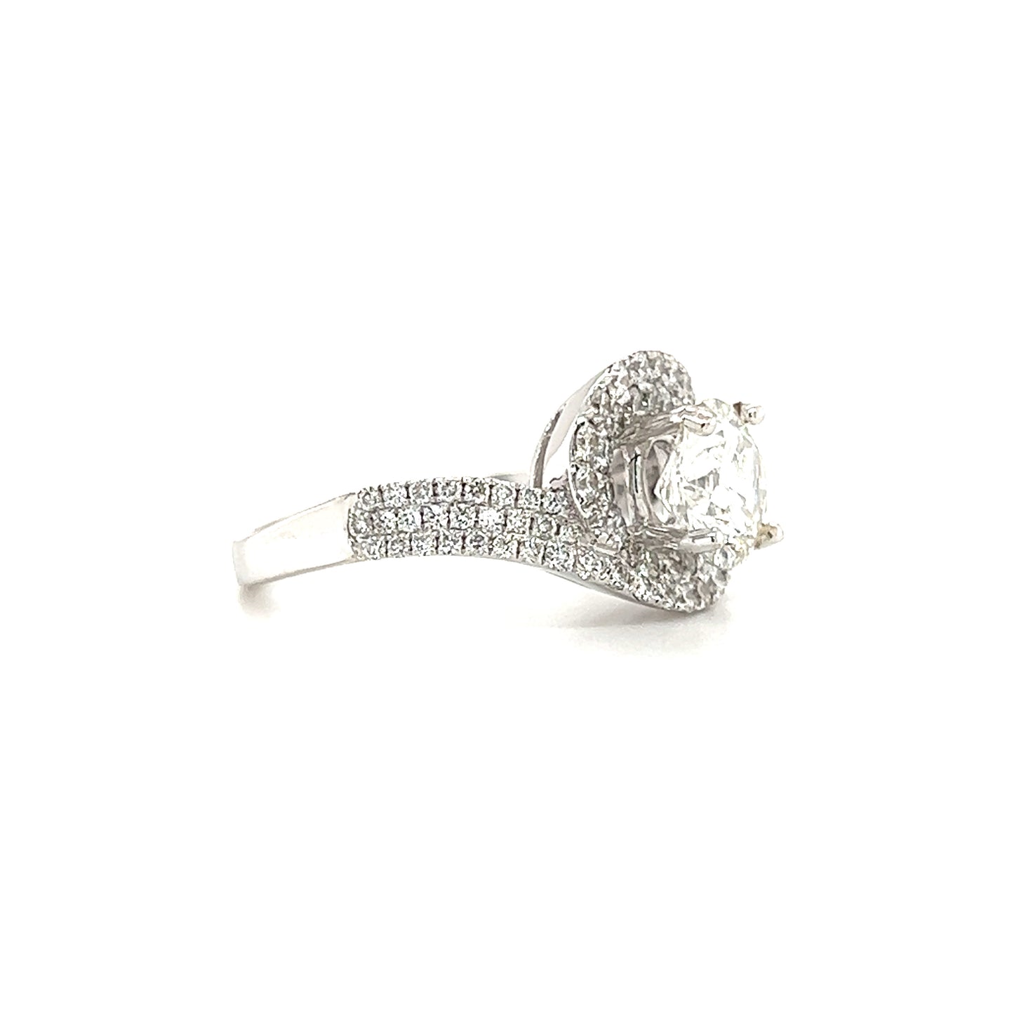 Bypass Diamond Ring with Double Diamond Halo and Side Diamonds in 18K White Gold Left Profile View