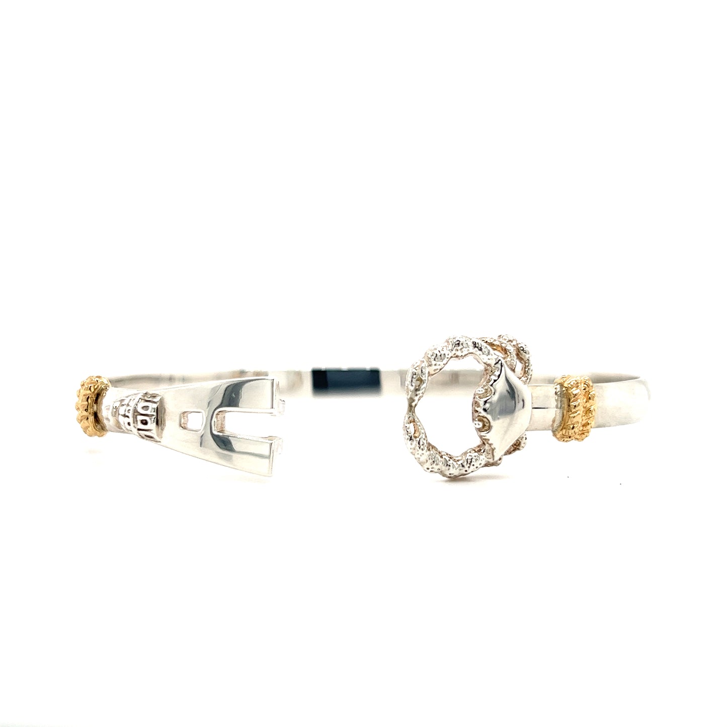 Annapolis Flat 5mm Bangle Bracelet with 14K Yellow Gold Wraps in Sterling SilverFlat Front View Open Catch