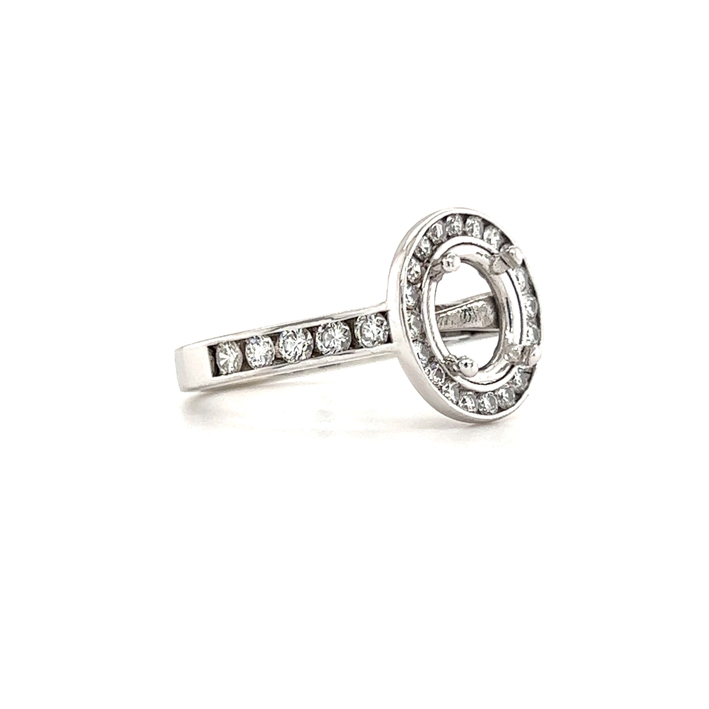 Diamond Ring Setting with Diamond Halo and Side Diamonds in 14K White Gold Left Side View