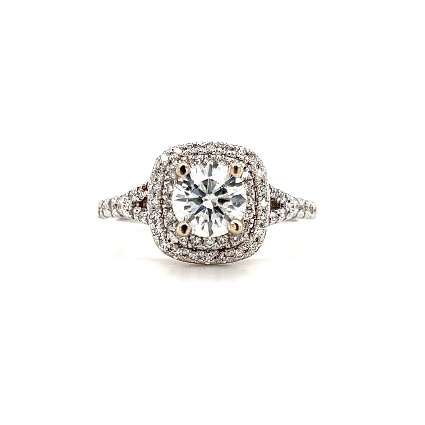 Round Diamond Ring with Double Diamond Halo in 18K White Gold Front View