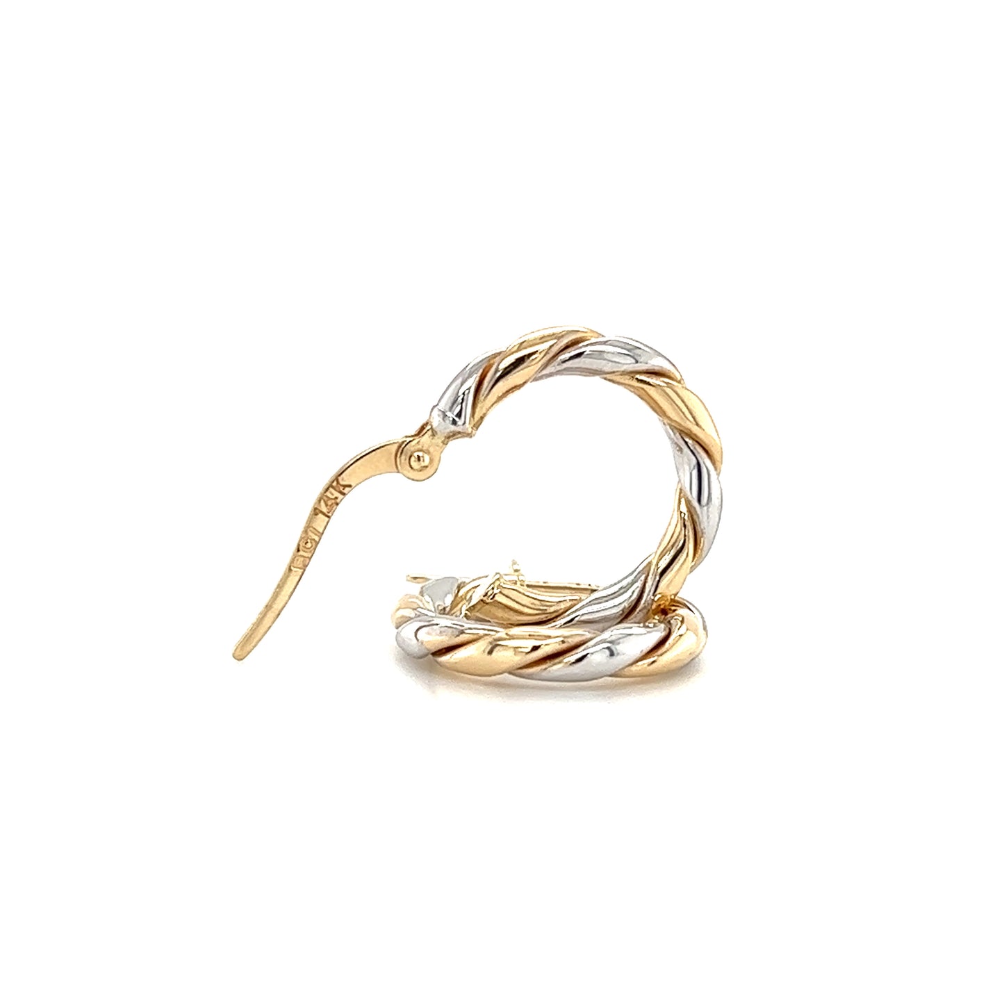 Twisted Hoop Earrings 15mm in 14K White and Yellow Gold Front and Side View with Open Clasp