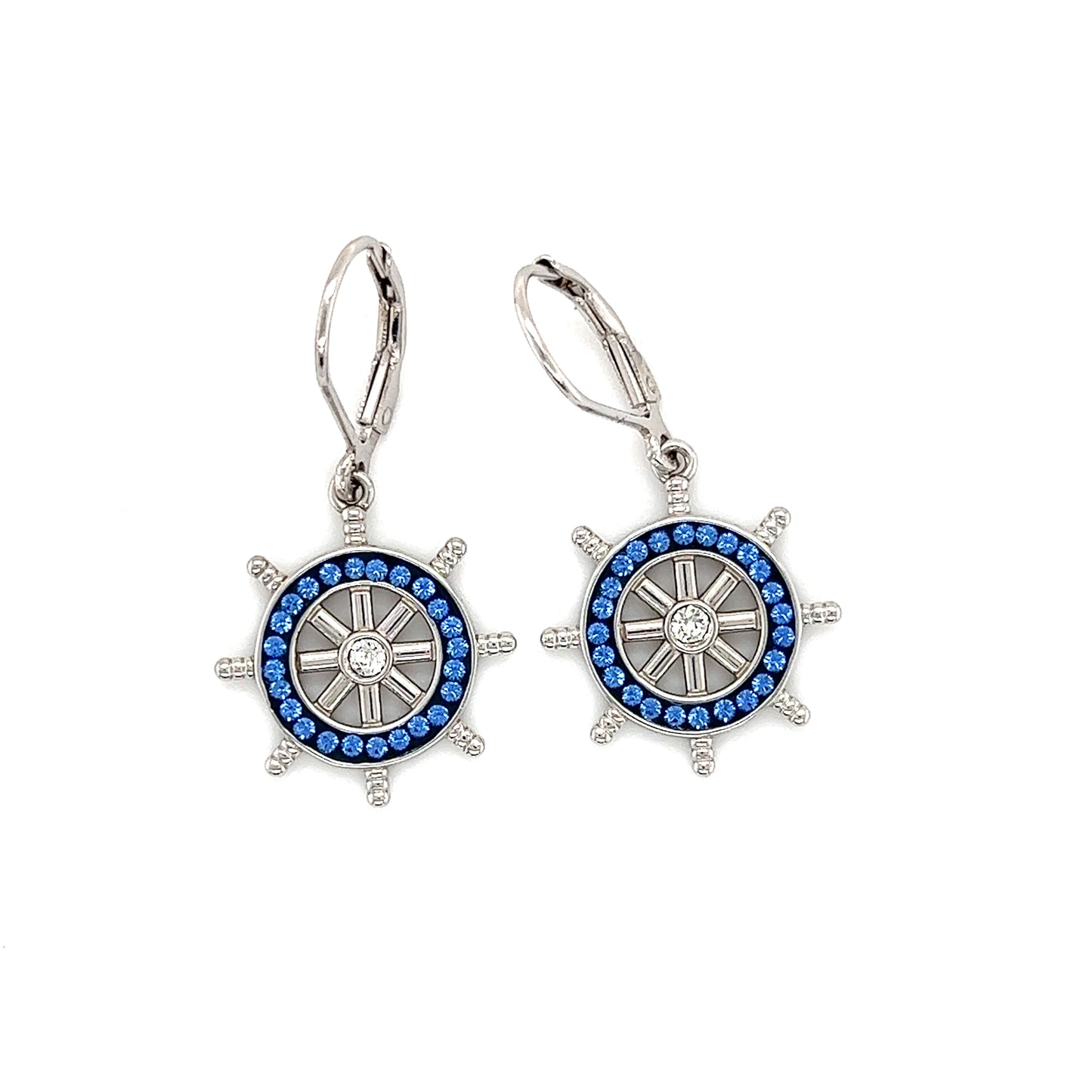 Ship's Wheel Dangle Earrings with Crystals in Sterling Silver Top View