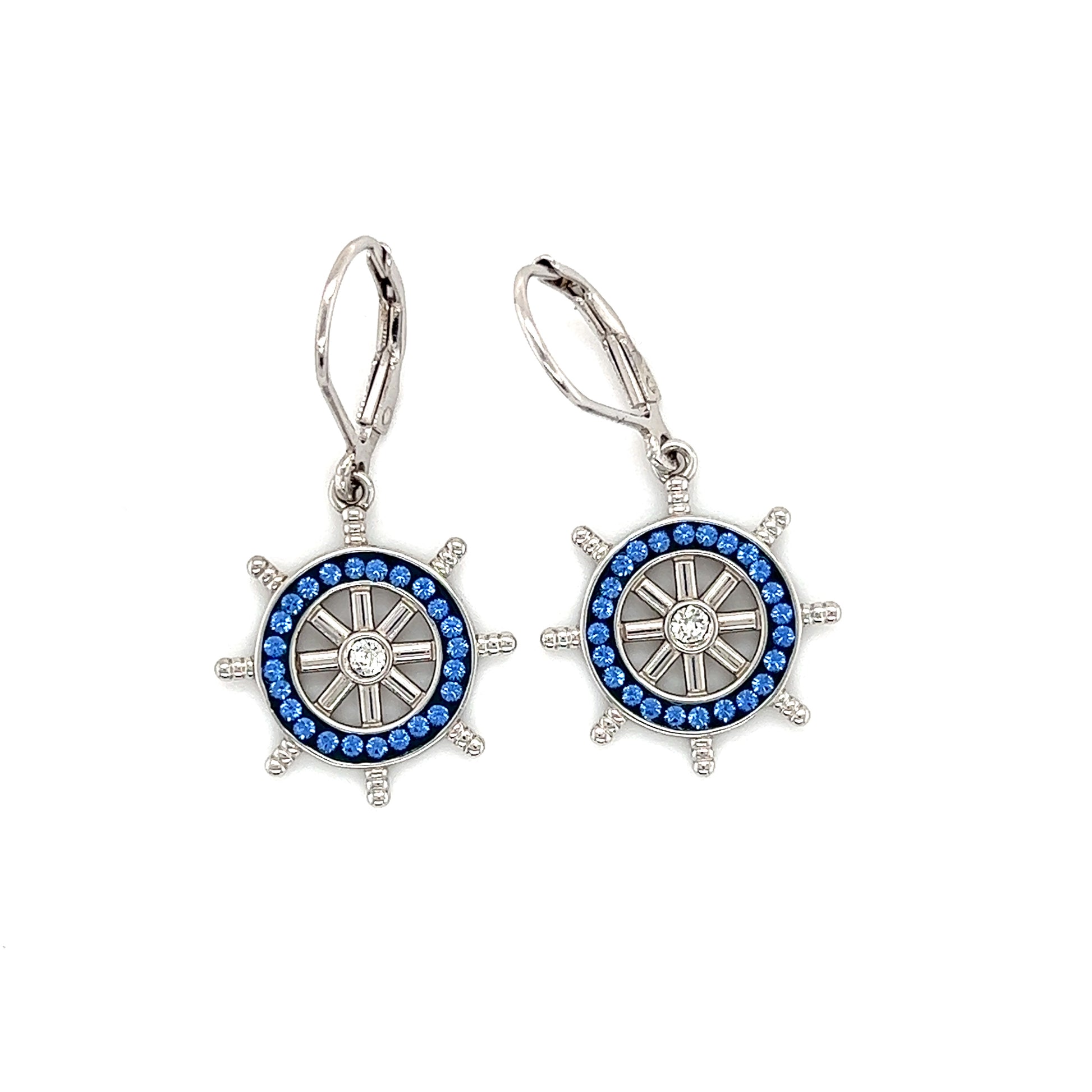 Ship's Wheel Dangle Earrings with Crystals in Sterling Silver Top View