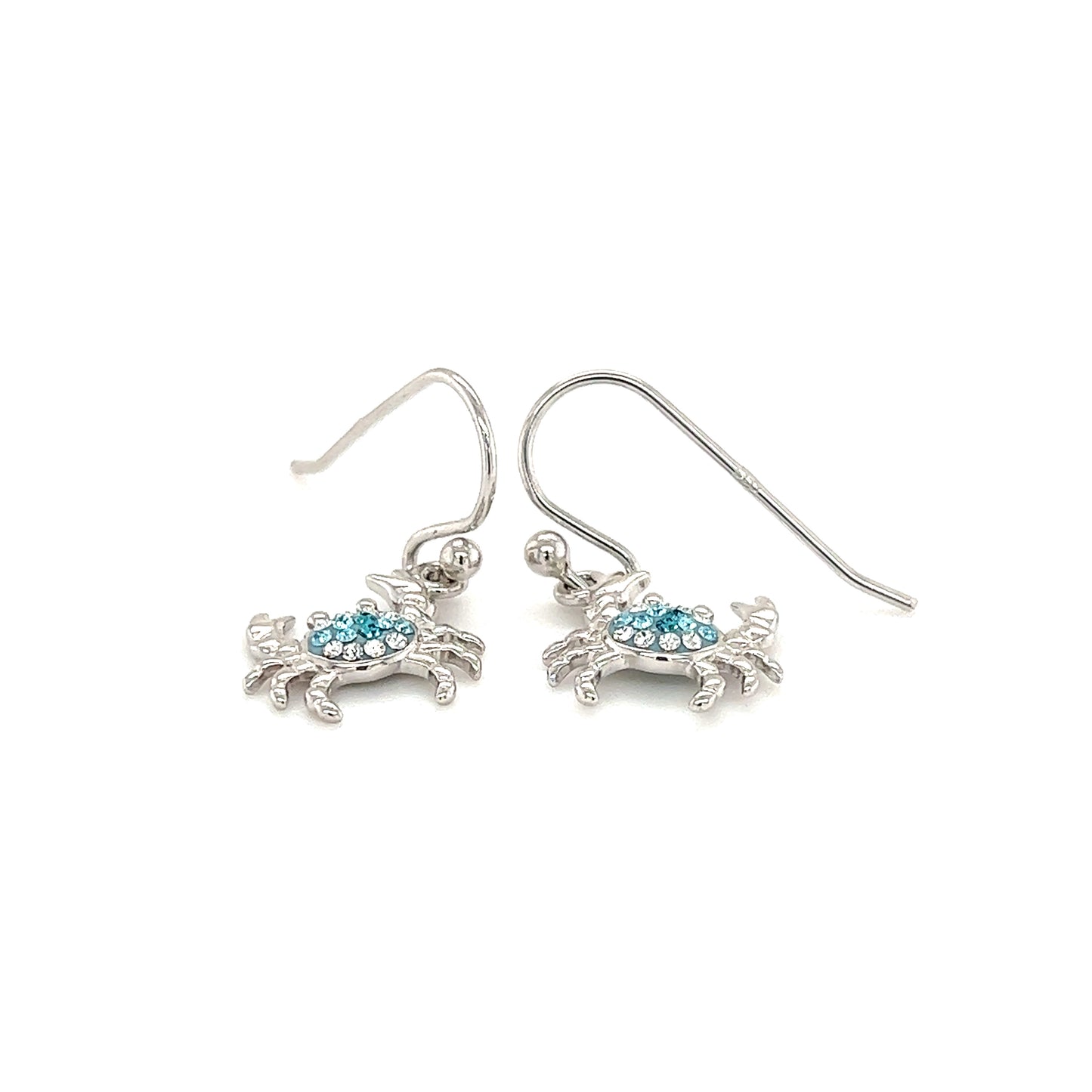 Blue Crab Dangle Earrings with Aqua and White Crystals in Sterling Silver Front Flat View