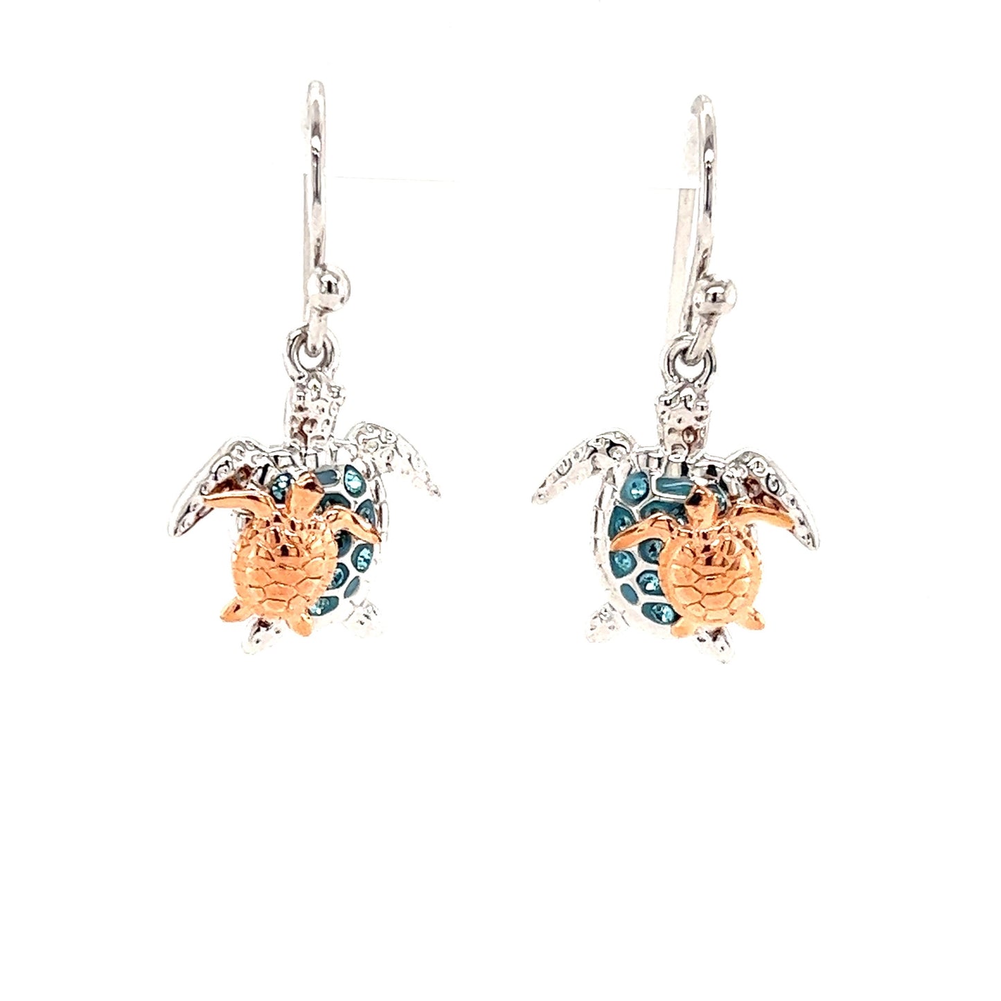 Sea Turtle Dangle Earrings with Rose Gold Accent in Sterling Silver Front View