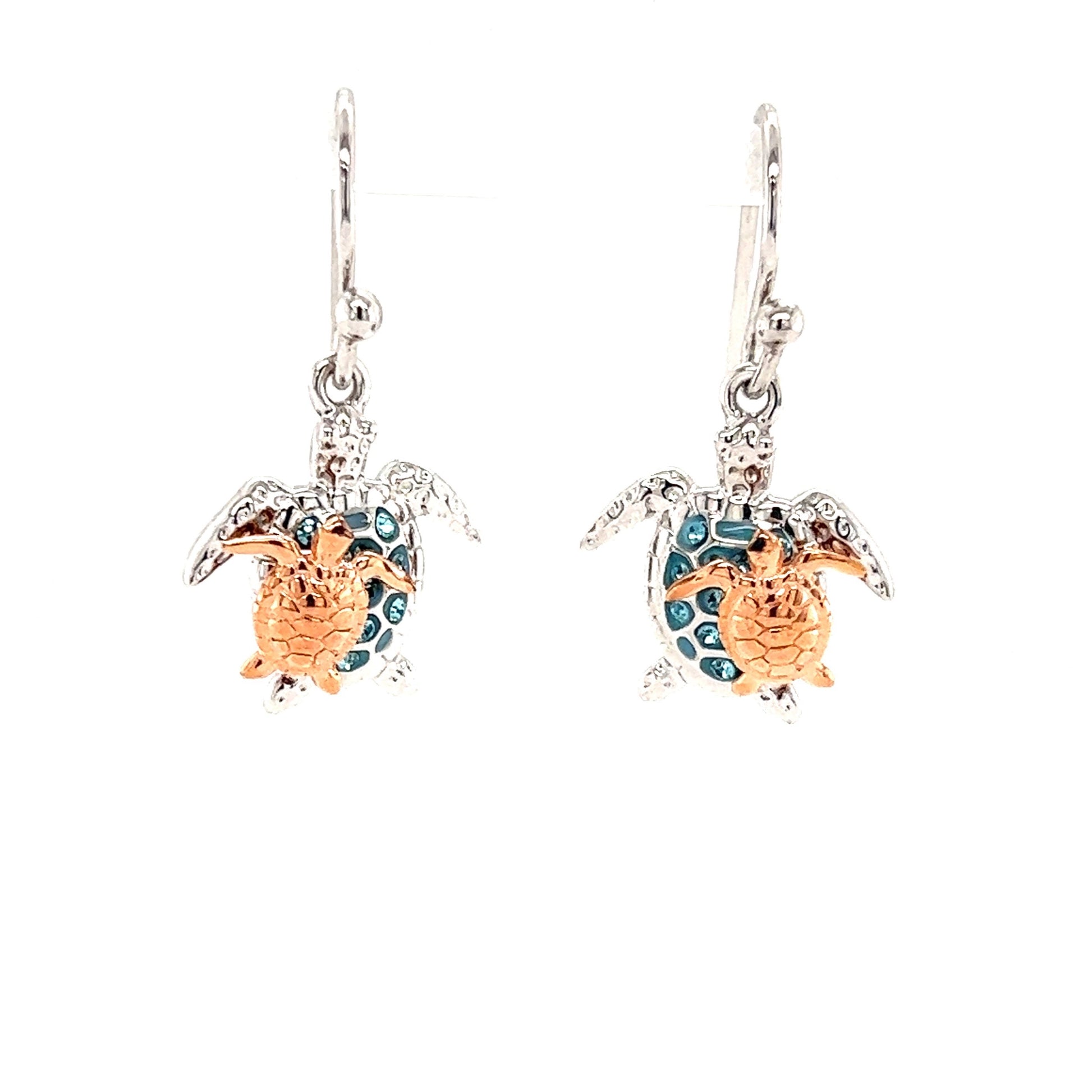 Sea Turtle Dangle Earrings with Rose Gold Accent in Sterling Silver Front View