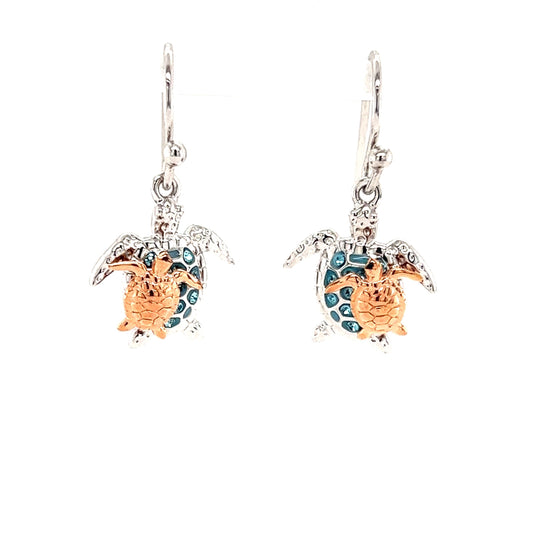 Sea Turtle Dangle Earrings with Rose Gold Accent in Sterling Silver Front View