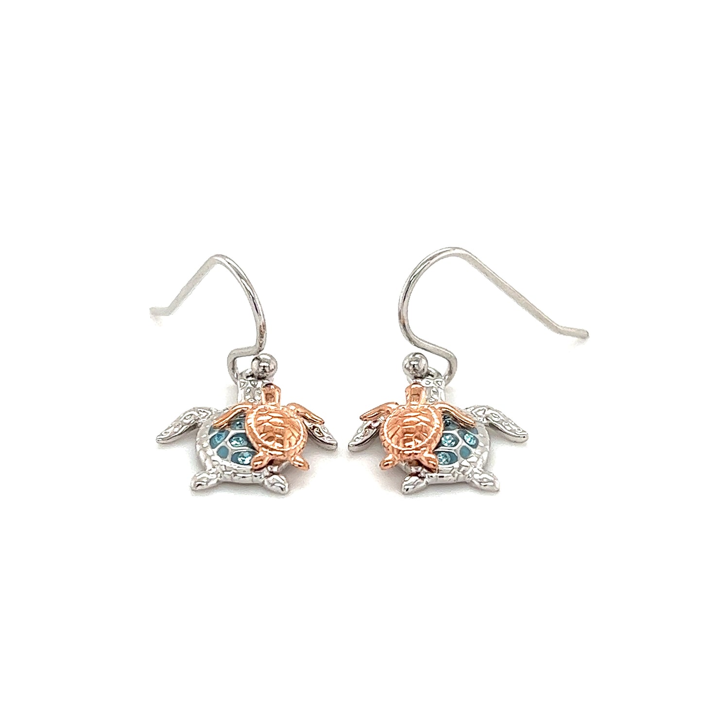 Sea Turtle Dangle Earrings with Rose Gold Accent in Sterling Silver Front Flat View
