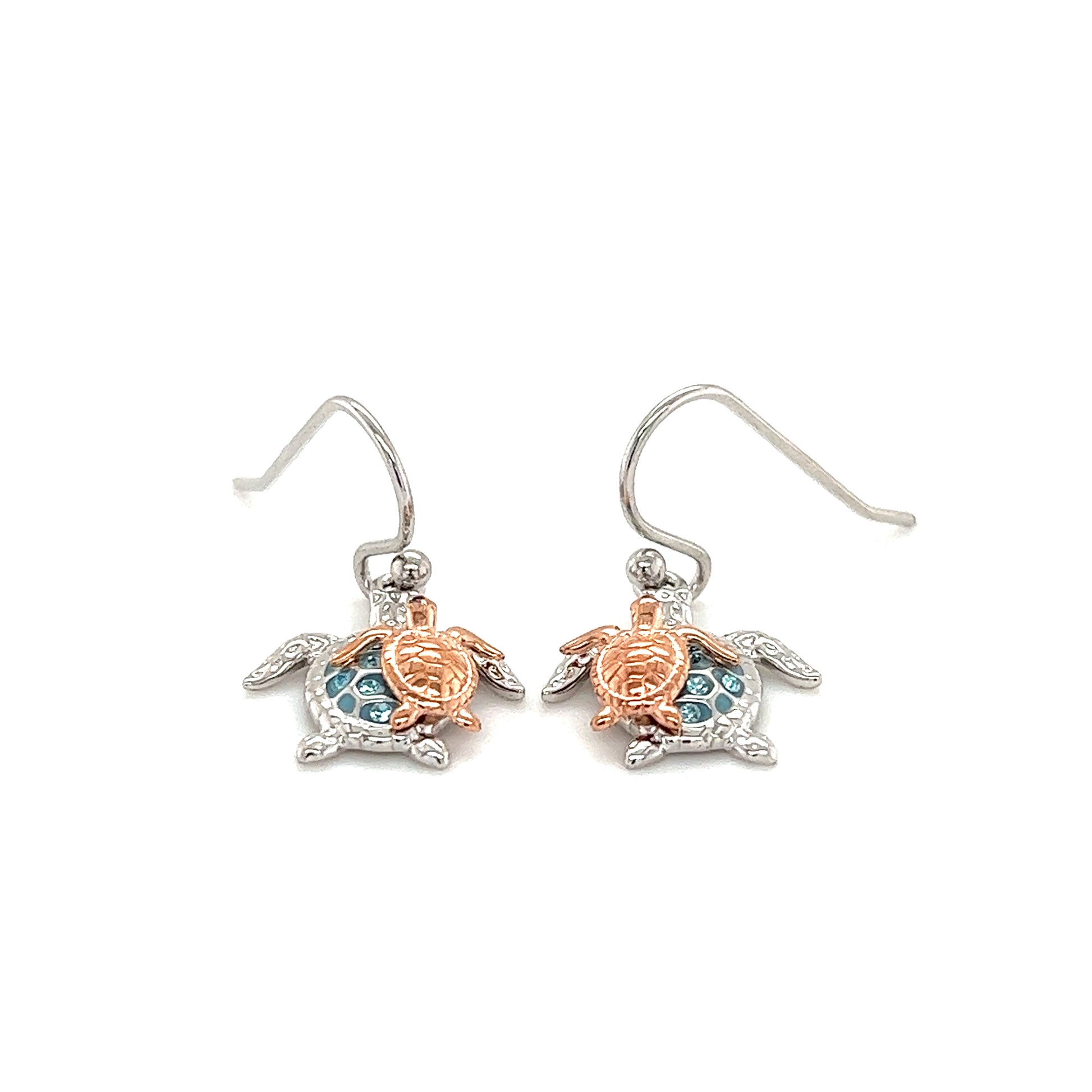 Sea Turtle Dangle Earrings with Rose Gold Accent in Sterling Silver Front Flat View