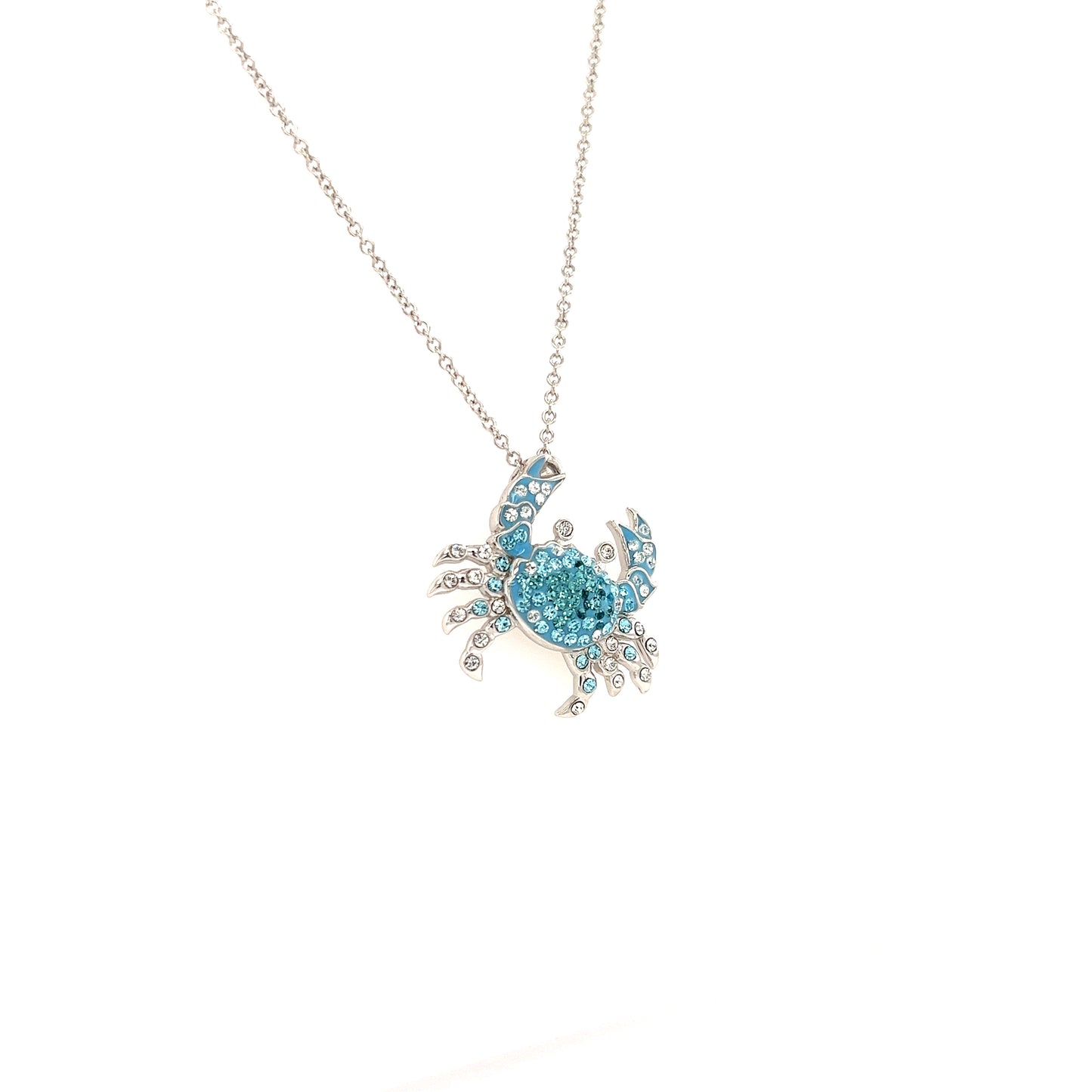 Blue Crab Necklace with Aqua and White Crystals in Sterling Silver Left Side View