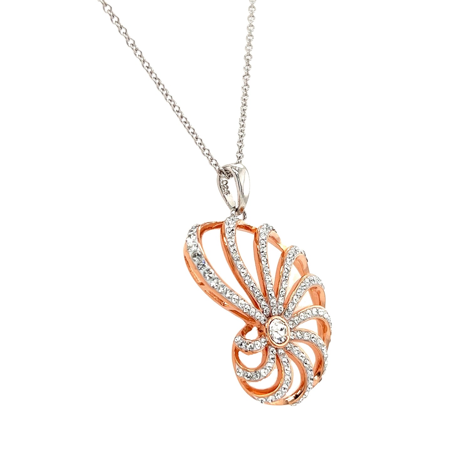 Nautilus Shell Necklace with Rose Gold Plate and White Crystals in Sterling Silver Left Side View