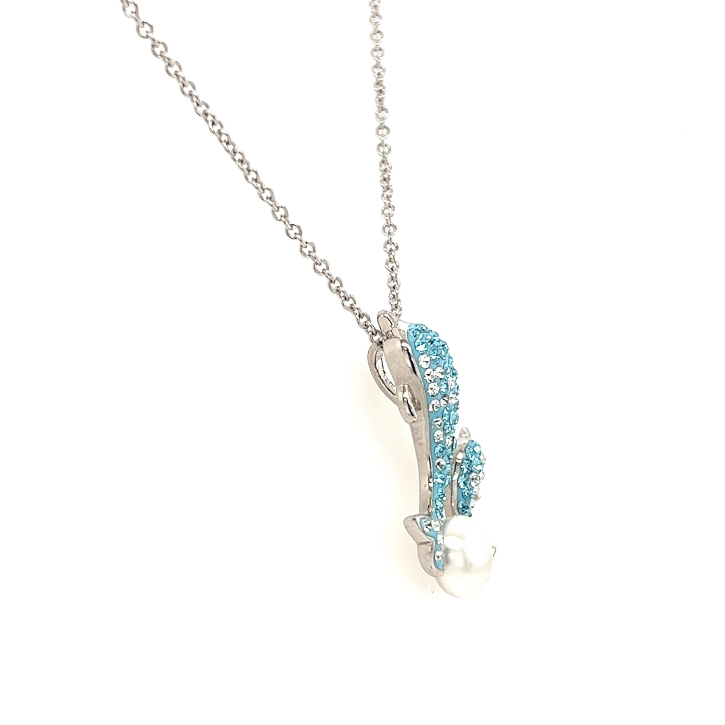 Blue Dolphins Necklace with White Pearl and Crystals in Sterling Silver Left Side View